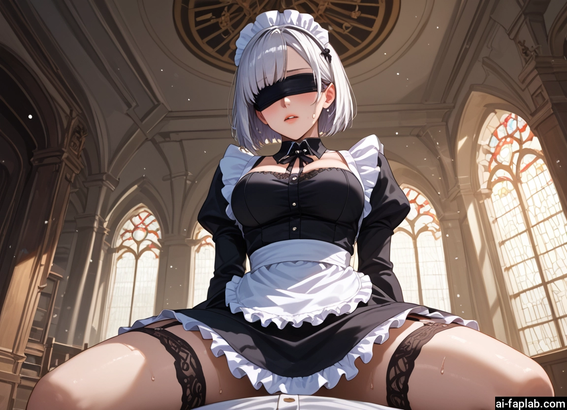 1girl, blindfold, maid, maid headdress, breasts, short hair · Yamete.gg