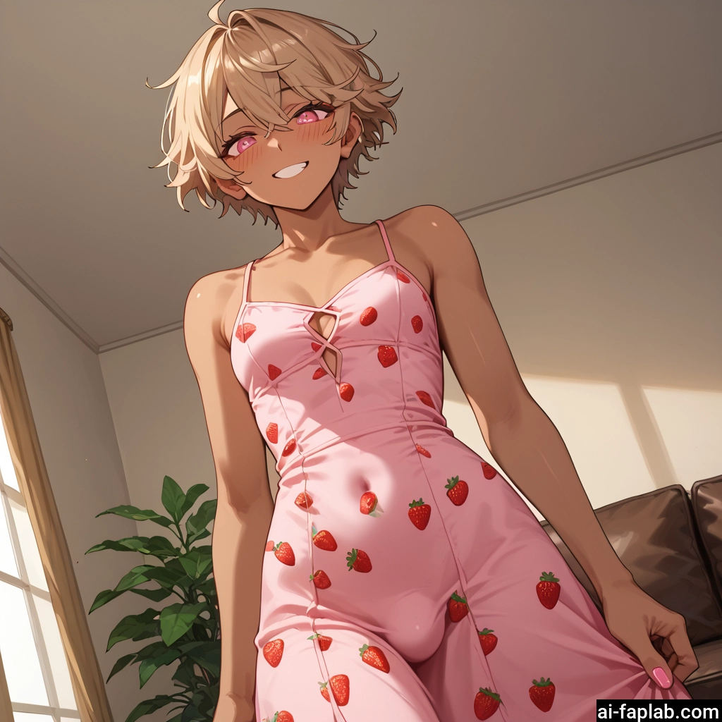 male focus, 1boy, smile, bulge, food print, strawberry print · Yamete.gg