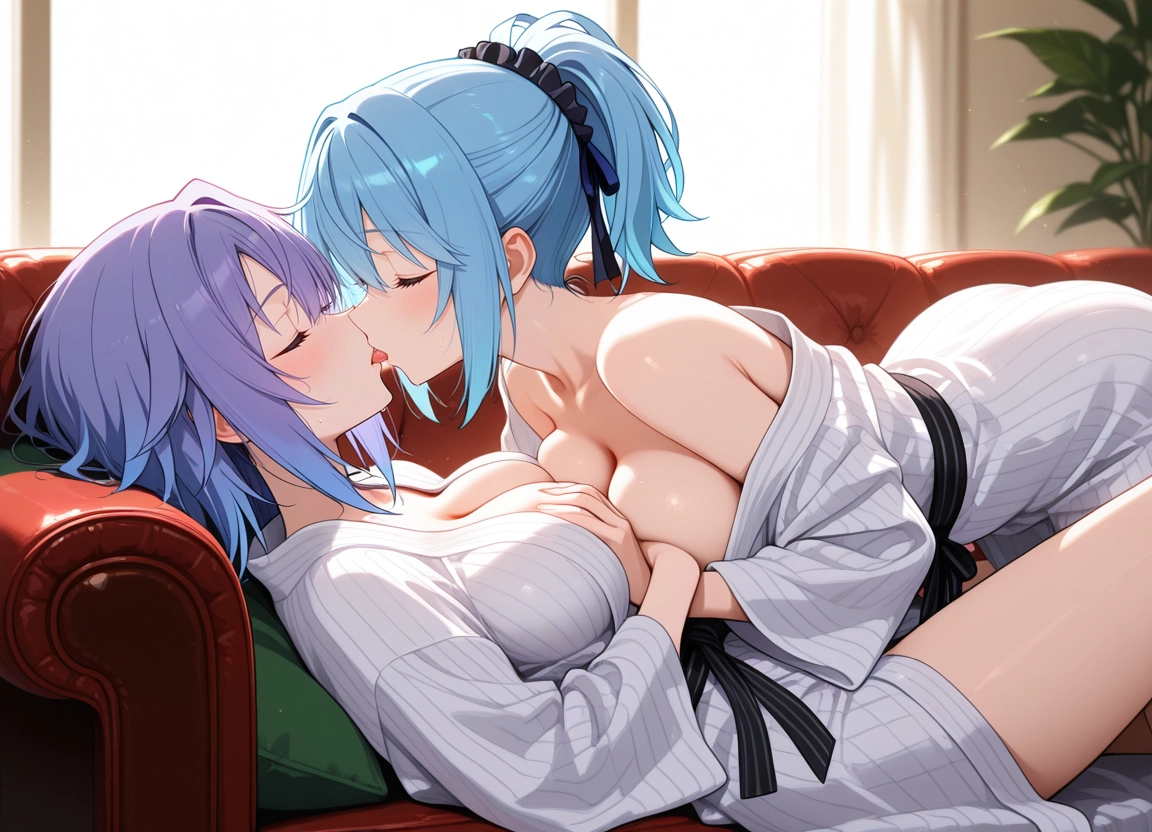 breasts, multiple girls, 2girls, yuri, closed eyes, kiss · Yamete.gg