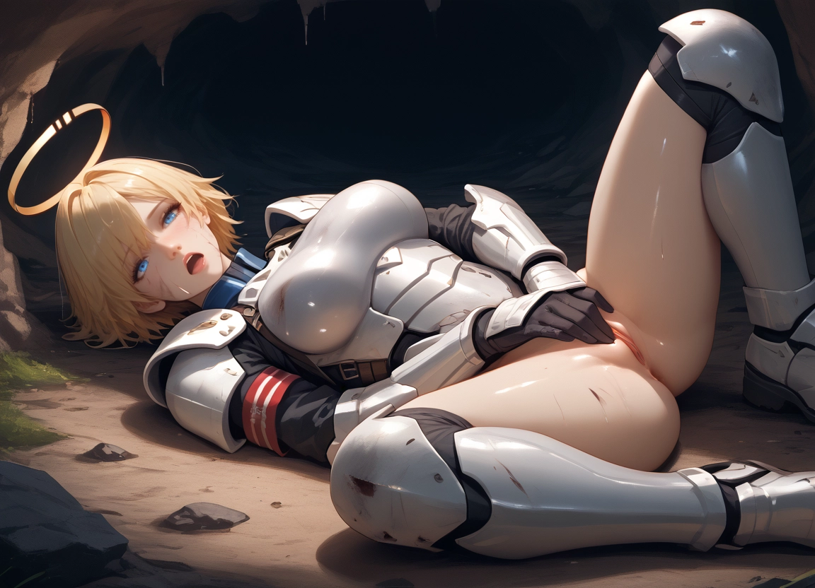 1girl, solo, halo, blonde hair, blue eyes, open mouth · Yamete.gg