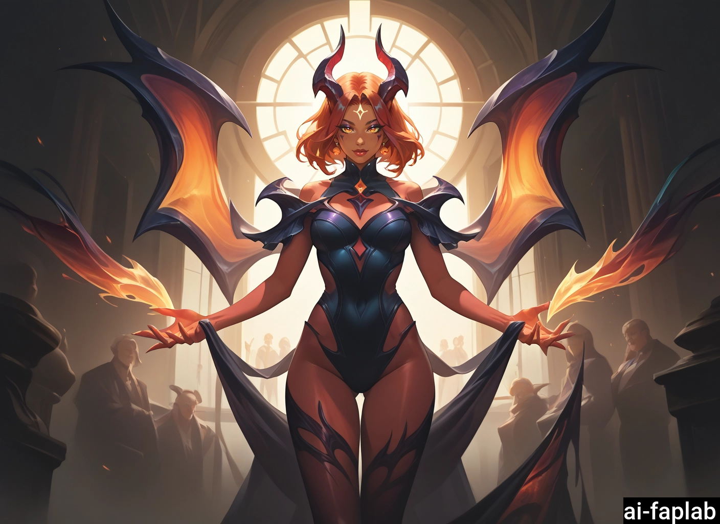 1girl, breasts, wings, leotard, thigh gap, horns · Yamete.gg