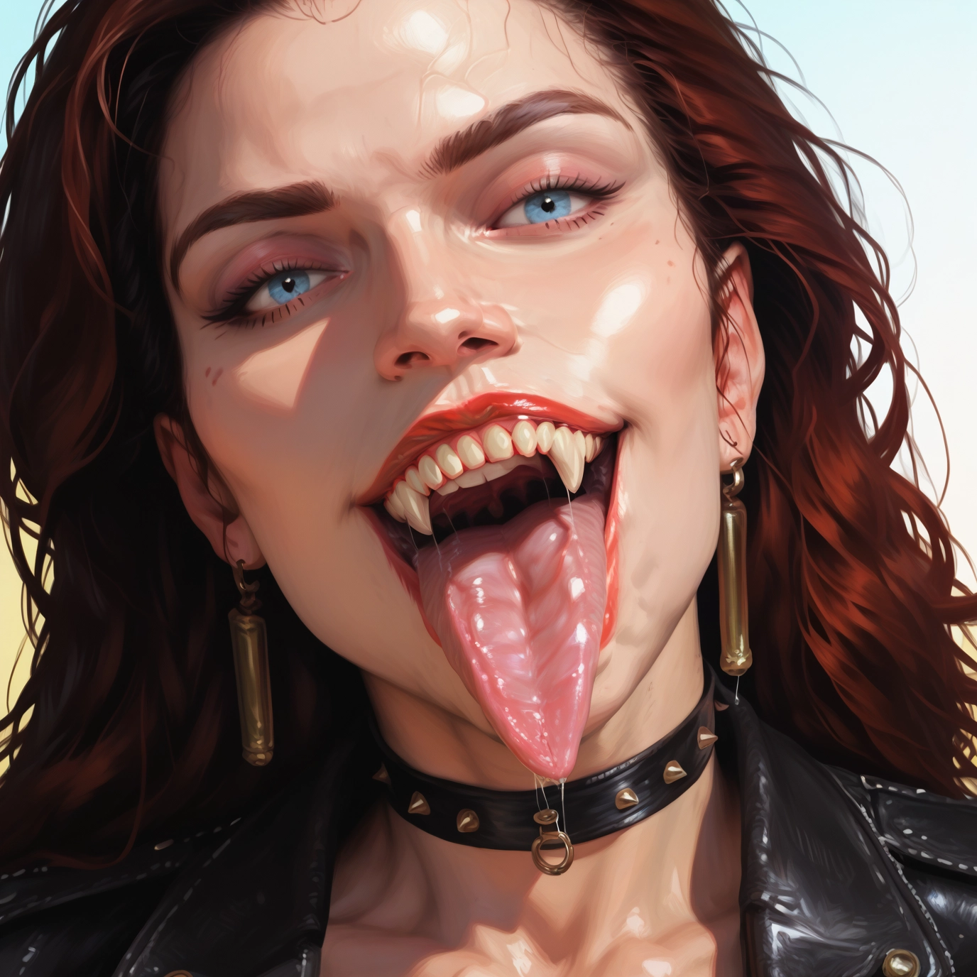 1girl, solo, jewelry, earrings, tongue, blue eyes · Yamete.gg