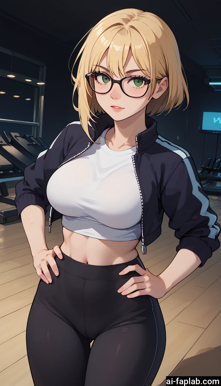 1girl, breasts, green eyes, glasses, blonde hair, navel · Yamete.gg
