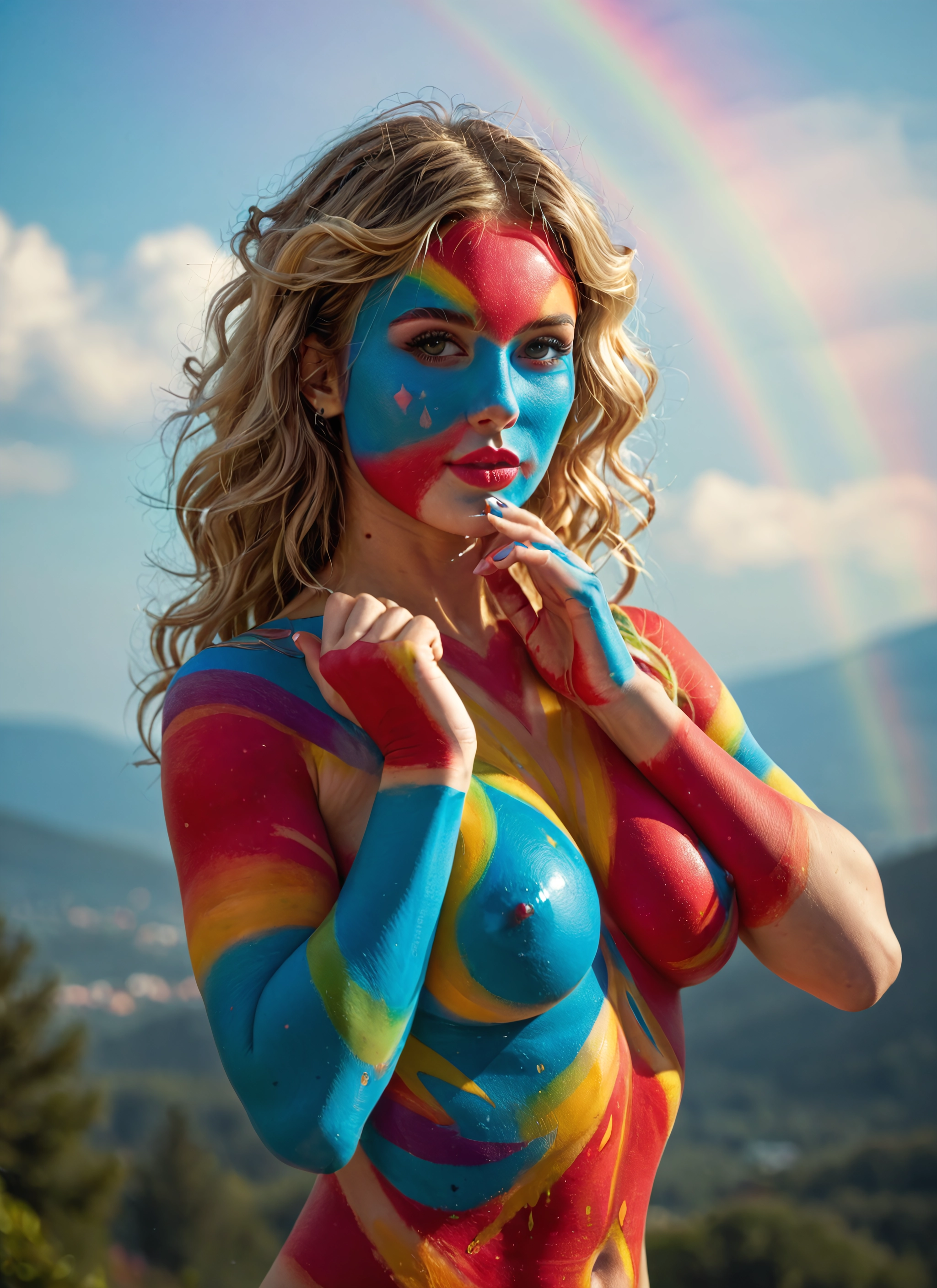 1girl, solo, breasts, nipples, rainbow, colored skin · Yamete.gg