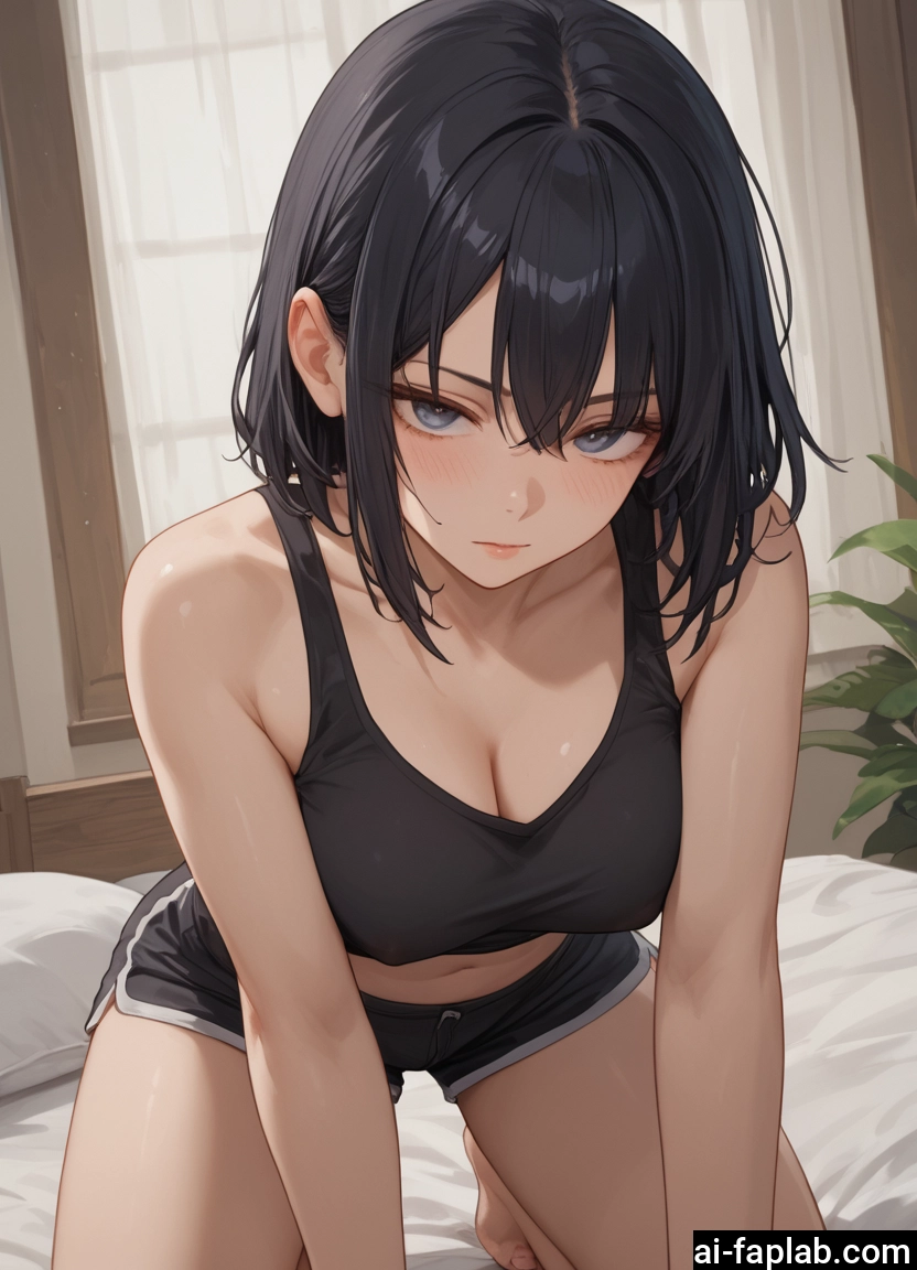 1girl, breasts, shorts, solo, black hair, cleavage · Yamete.gg