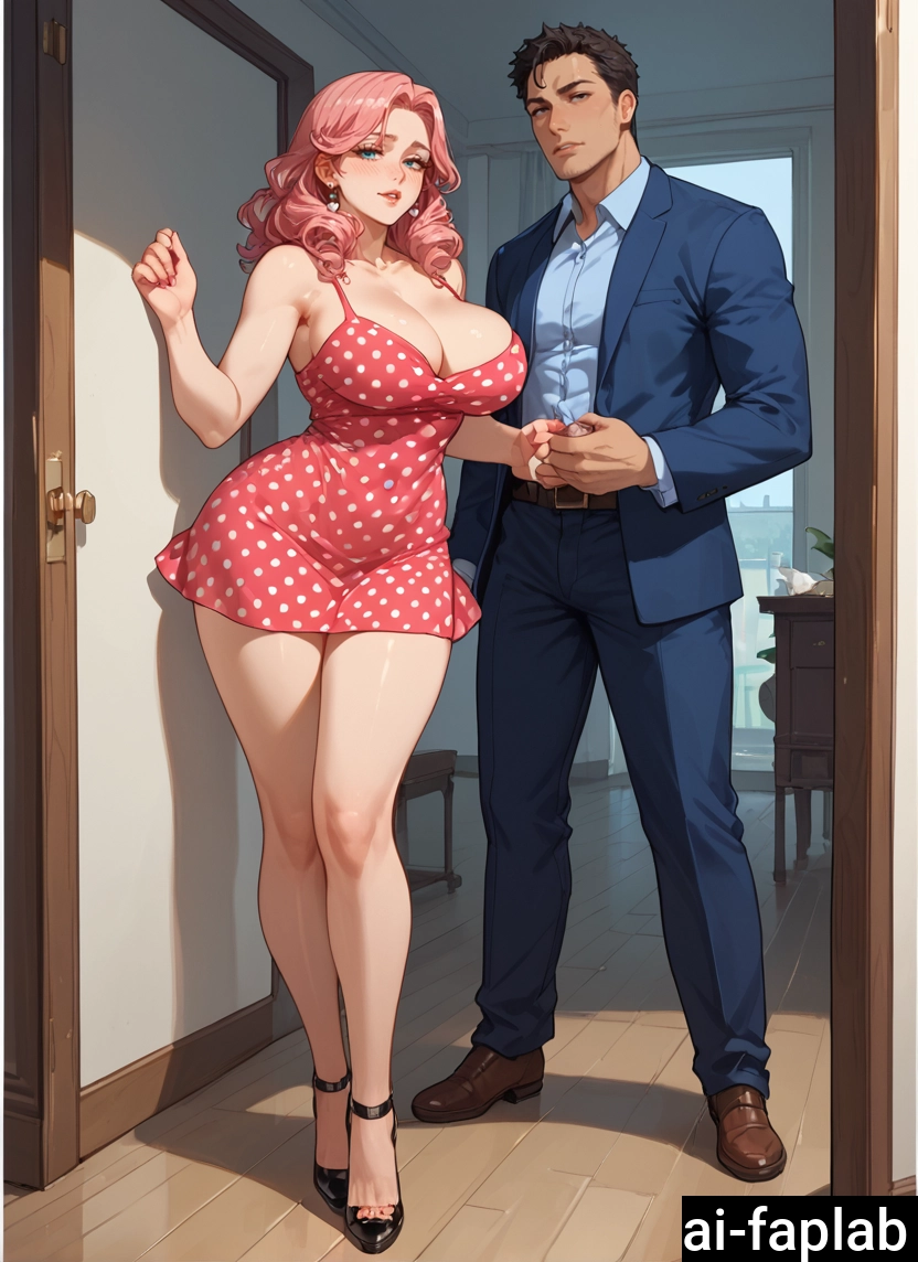 1girl, breasts, dress, 1boy, pink hair, shirt
