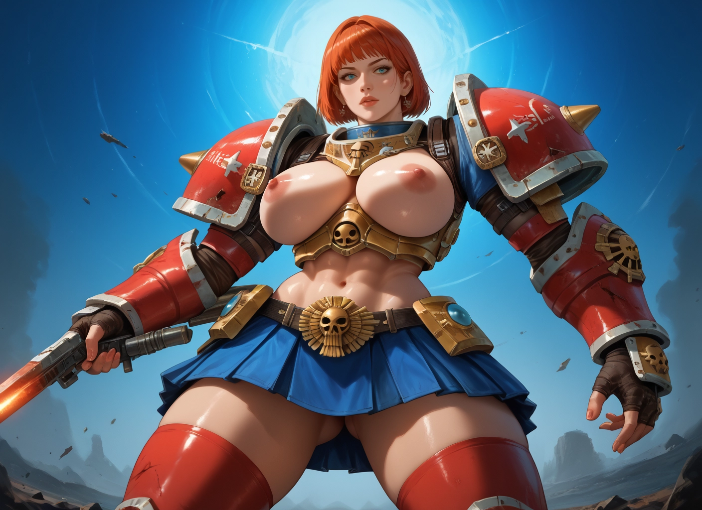 1girl, breasts, nipples, weapon, skirt, solo · Yamete.gg