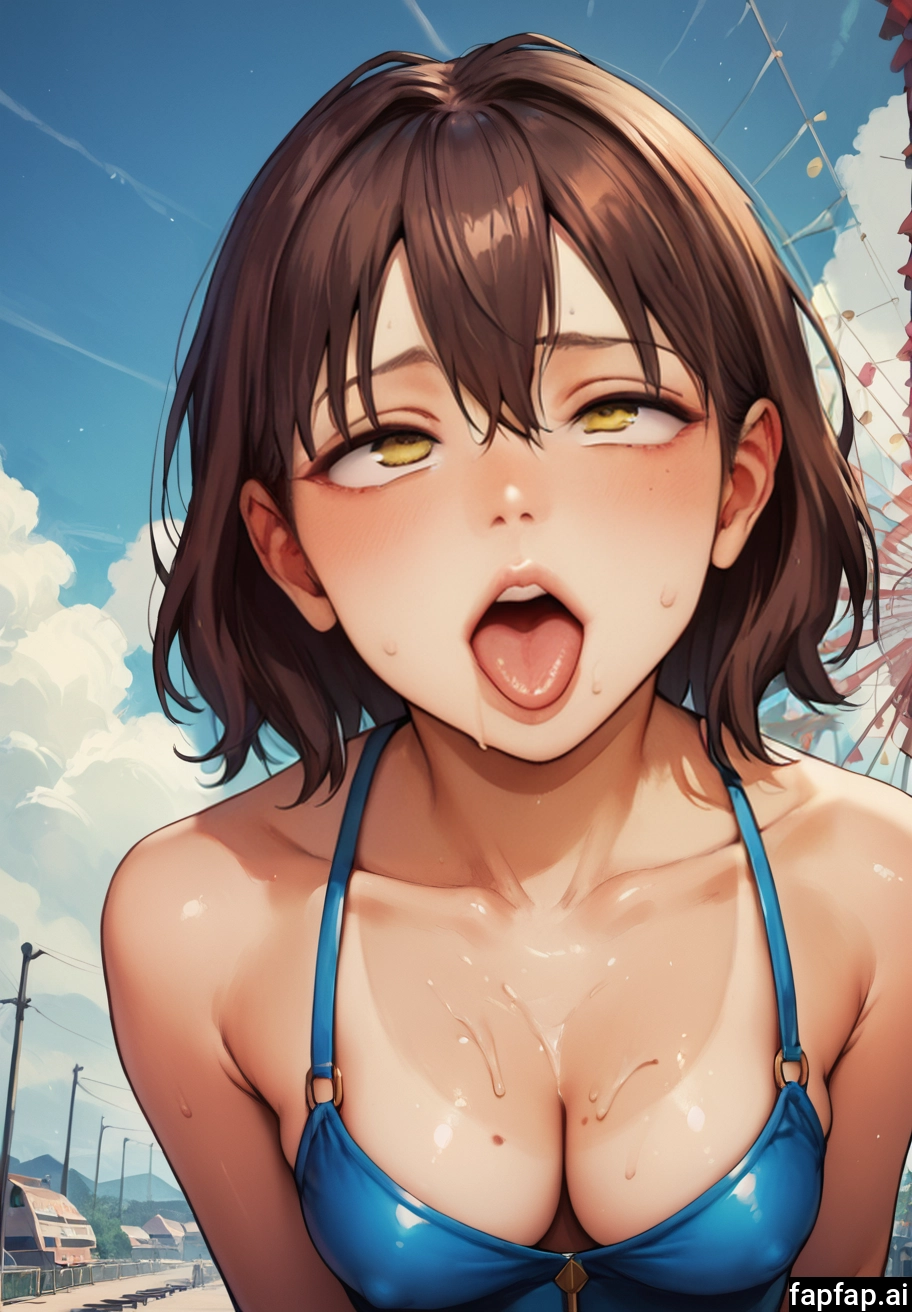1girl, breasts, tongue, swimsuit, tanlines, brown hair · Yamete.gg