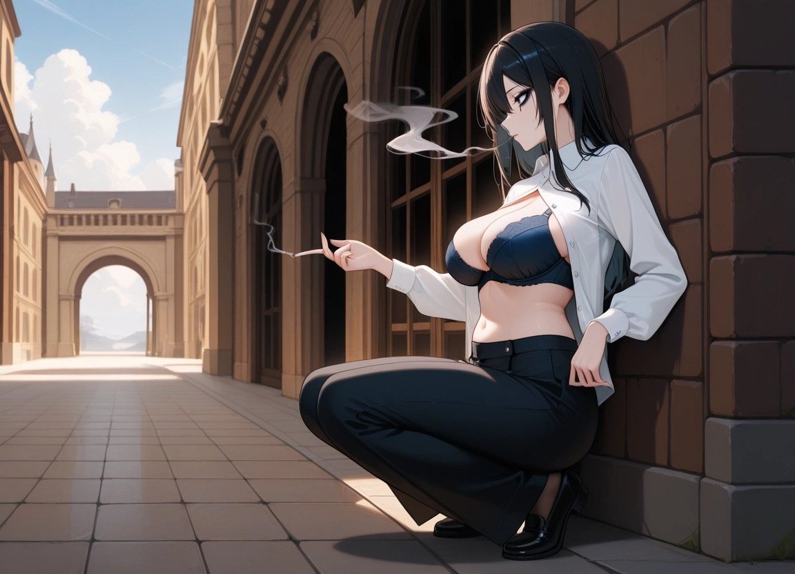 1girl, cigarette, solo, shirt, bra, breasts · Yamete.gg
