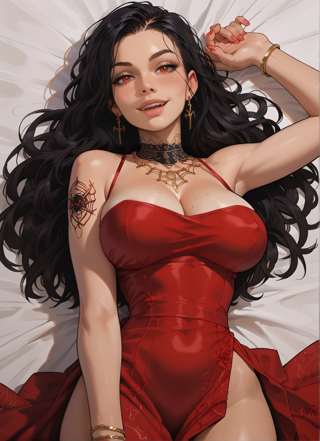 1girl, breasts, jewelry, dress, black hair, earrings · Yamete.gg