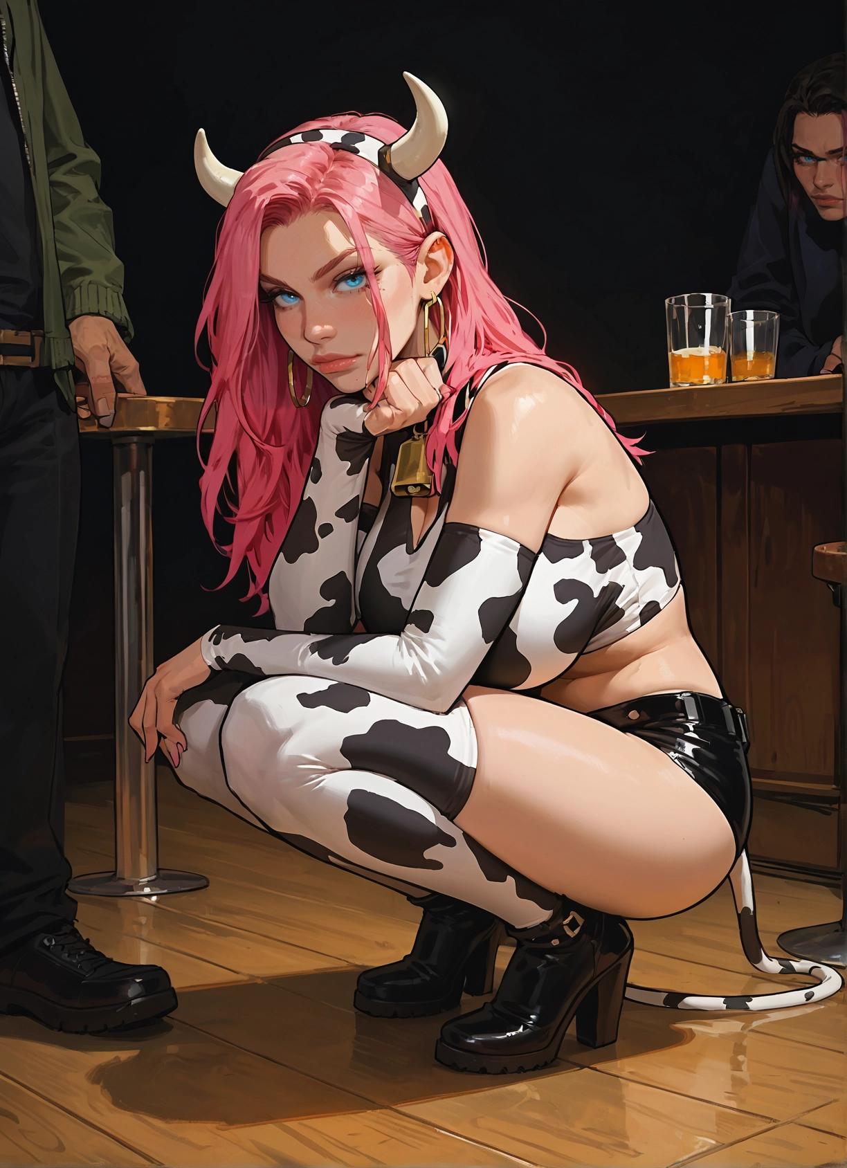 1girl, pink hair, animal print, cow print, horns, bell · Yamete.gg