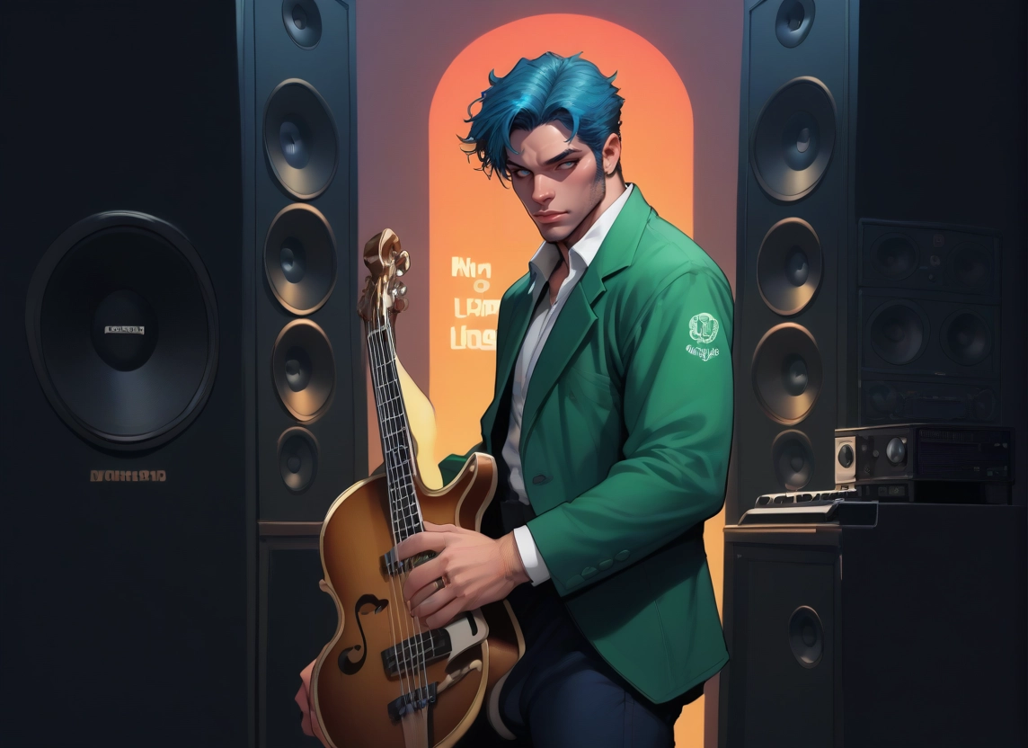 1boy, male focus, instrument, solo, speaker, jacket · Yamete.gg