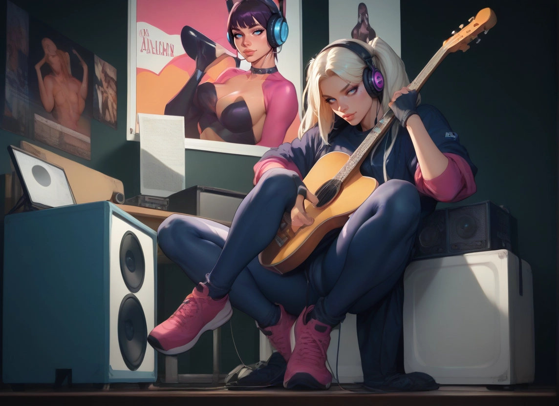 instrument, headphones, breasts, guitar, multiple girls, speaker · Yamete.gg