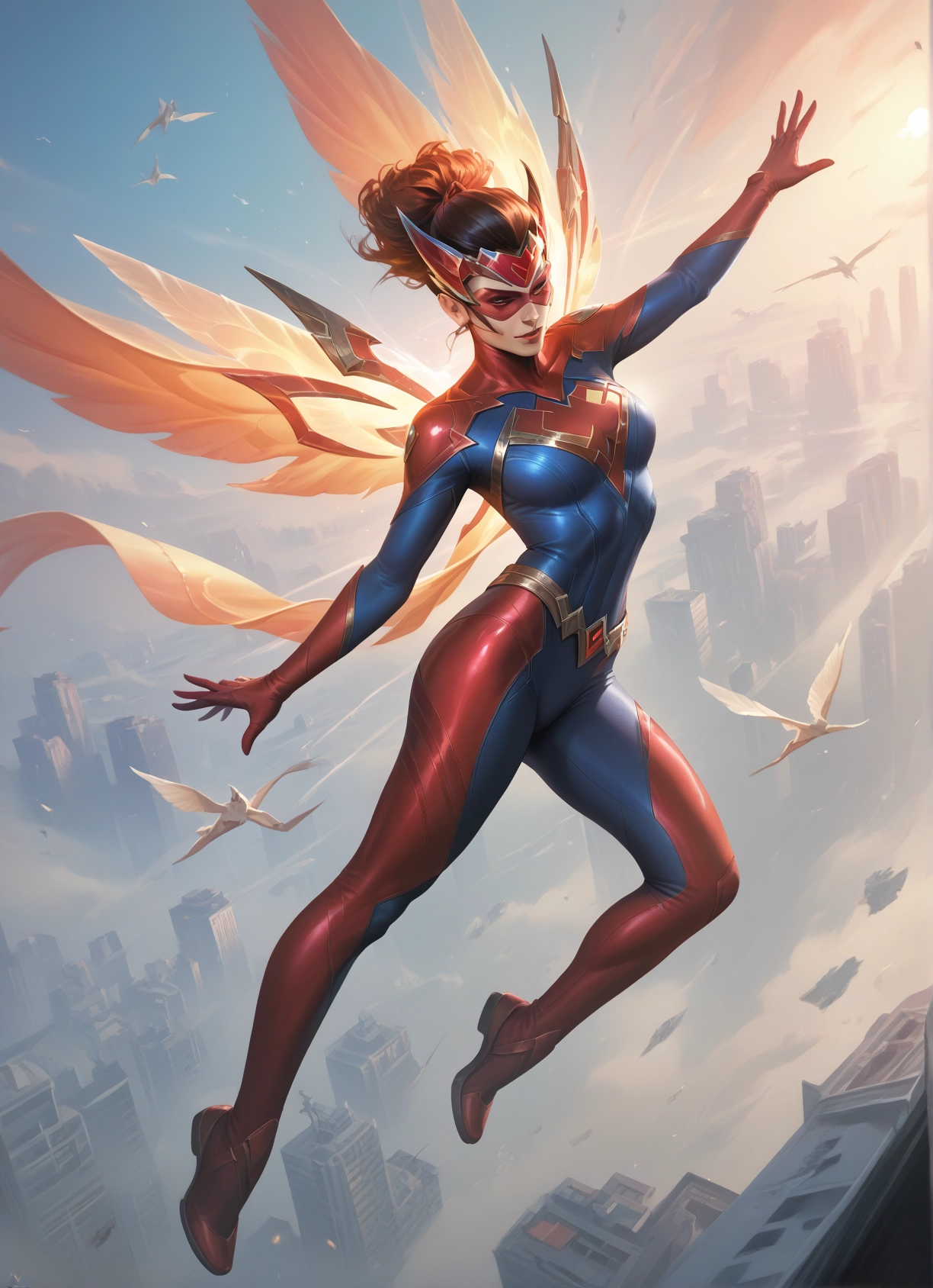 1girl, wings, bodysuit, solo, bird, breasts