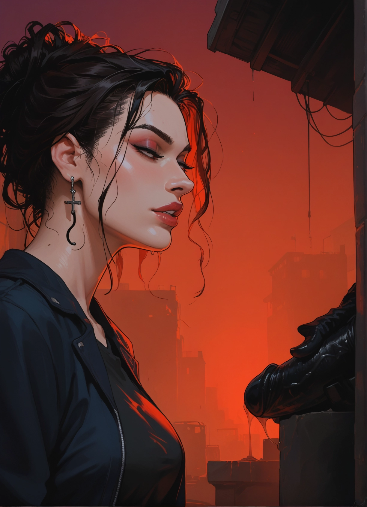 1girl, jewelry, earrings, black hair, cross, jacket · Yamete.gg