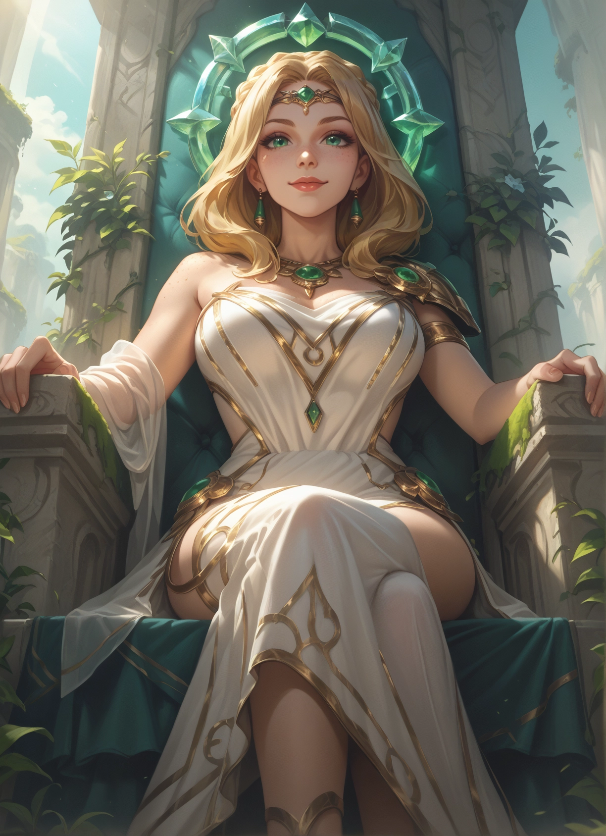 1girl, blonde hair, jewelry, sitting, crossed legs, breasts · Yamete.gg
