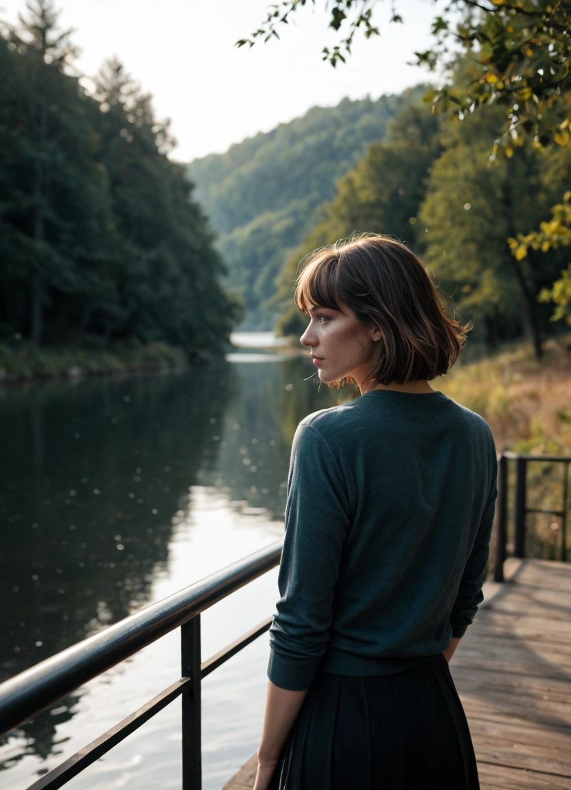 1girl, solo, outdoors, brown hair, blurry, short hair