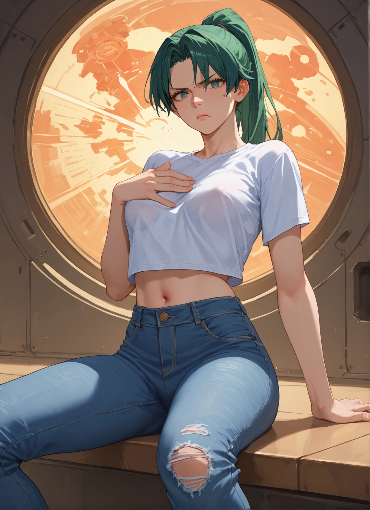 1girl, navel, pants, green hair, shirt, denim · Yamete.gg