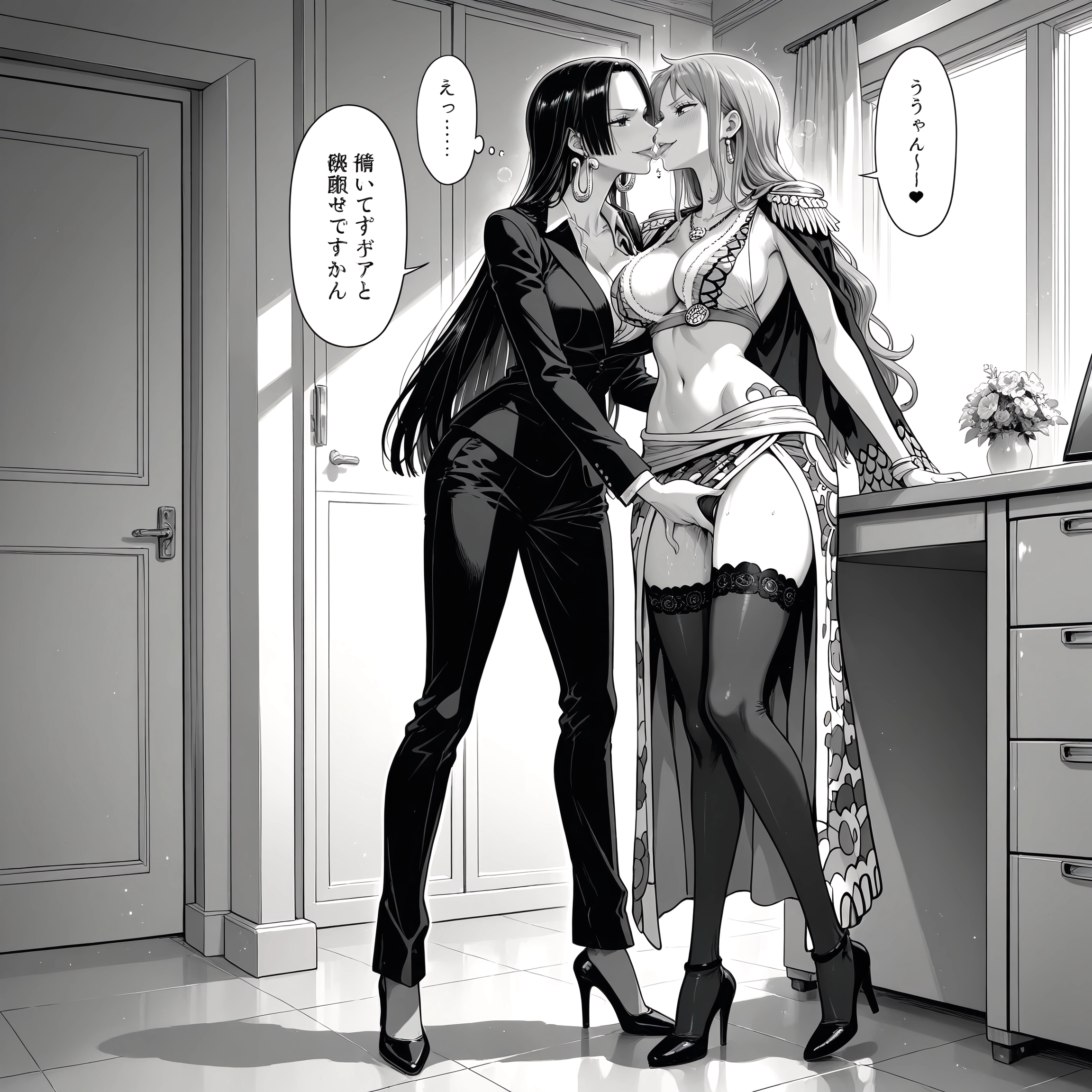 multiple girls, 2girls, monochrome, greyscale, yuri, high heels · Yamete.gg