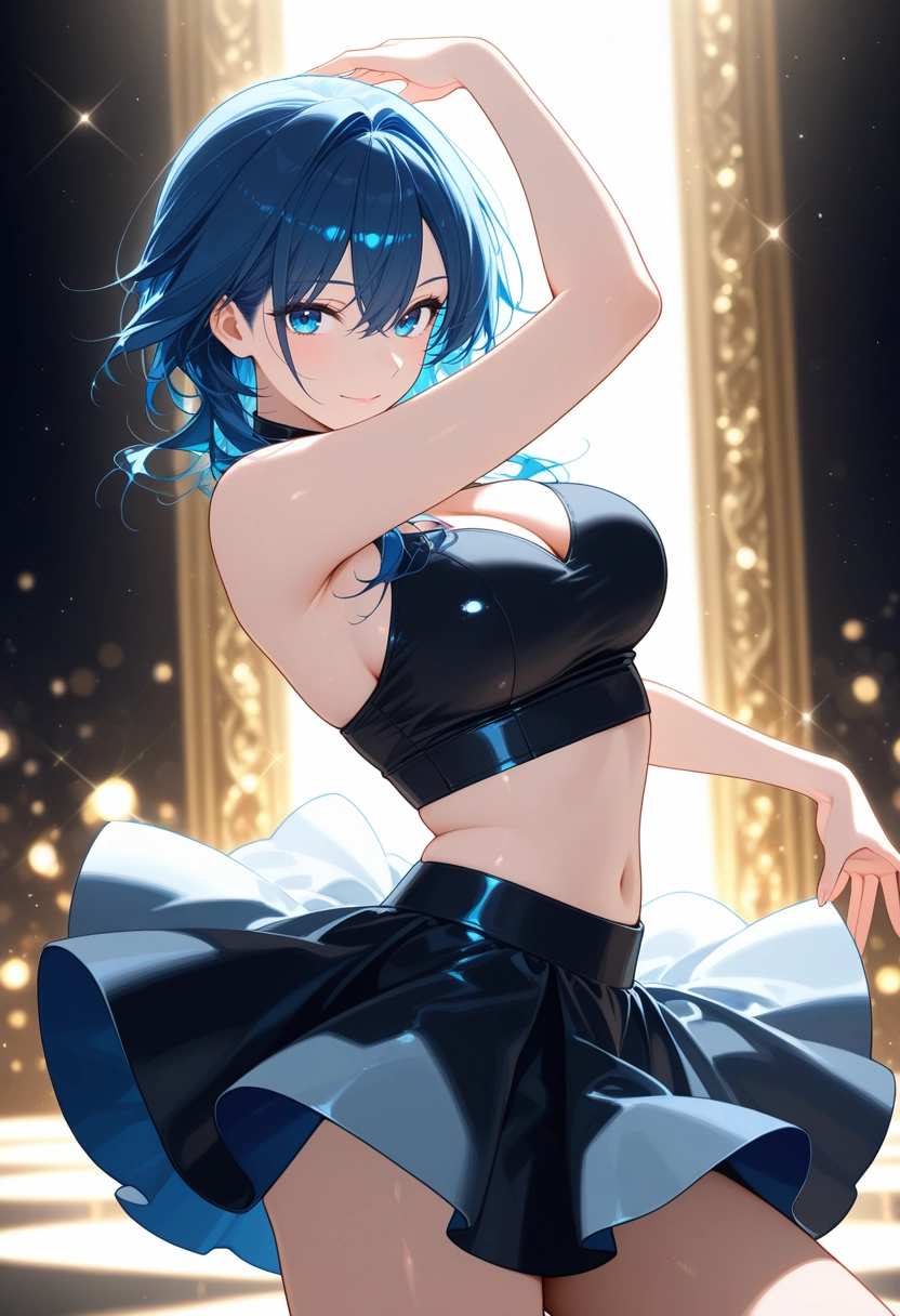 1girl, solo, skirt, breasts, bare arms, crop top · Yamete.gg
