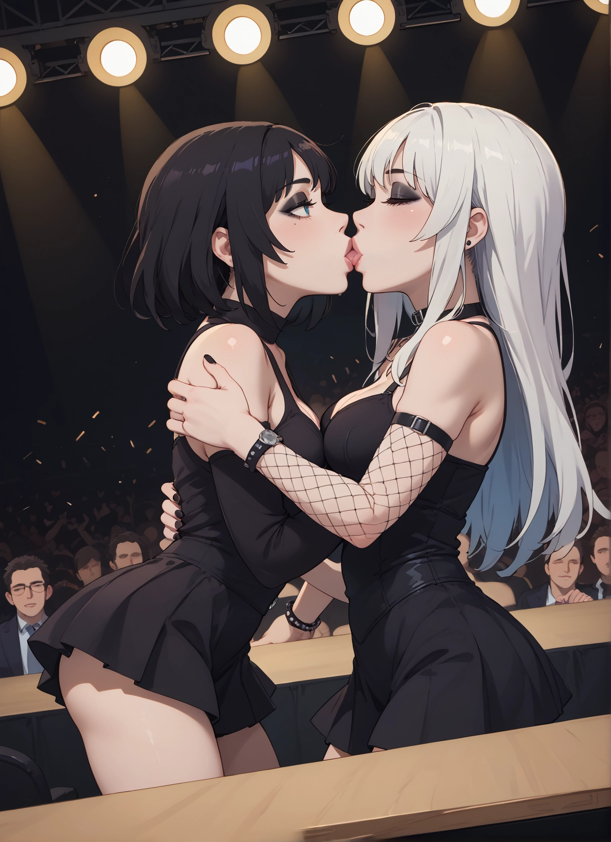 multiple girls, 2girls, breasts, yuri, kiss, black hair · Yamete.gg