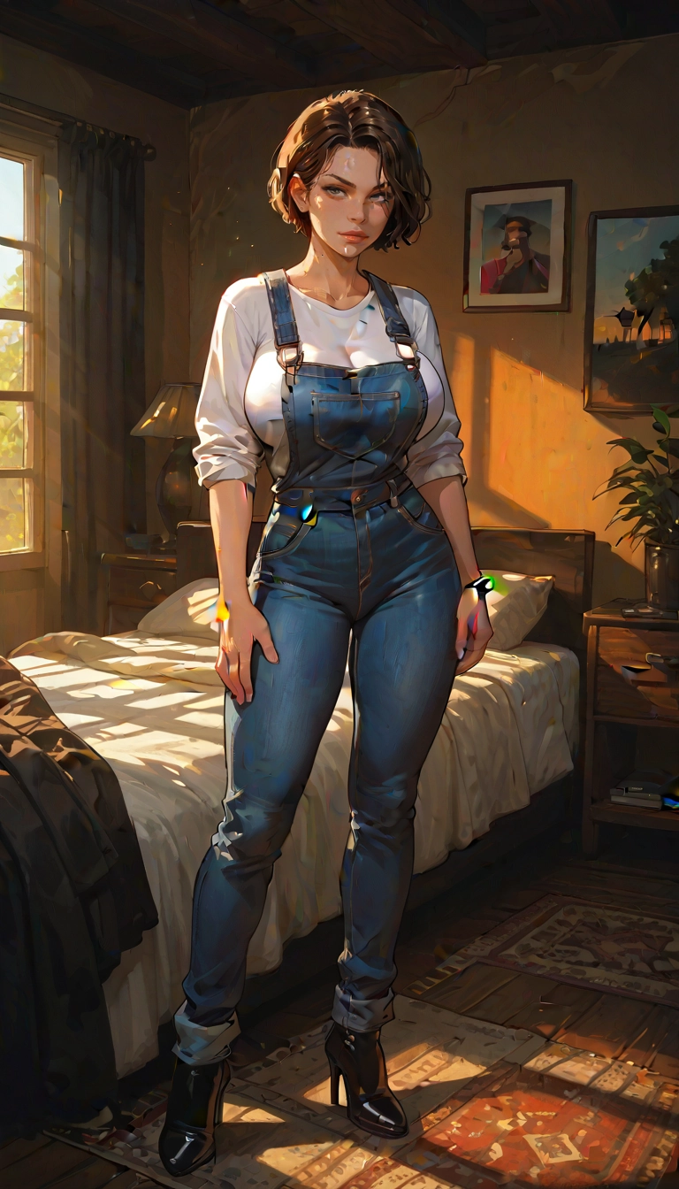 1girl, solo, breasts, short hair, overalls, shirt · Yamete.gg