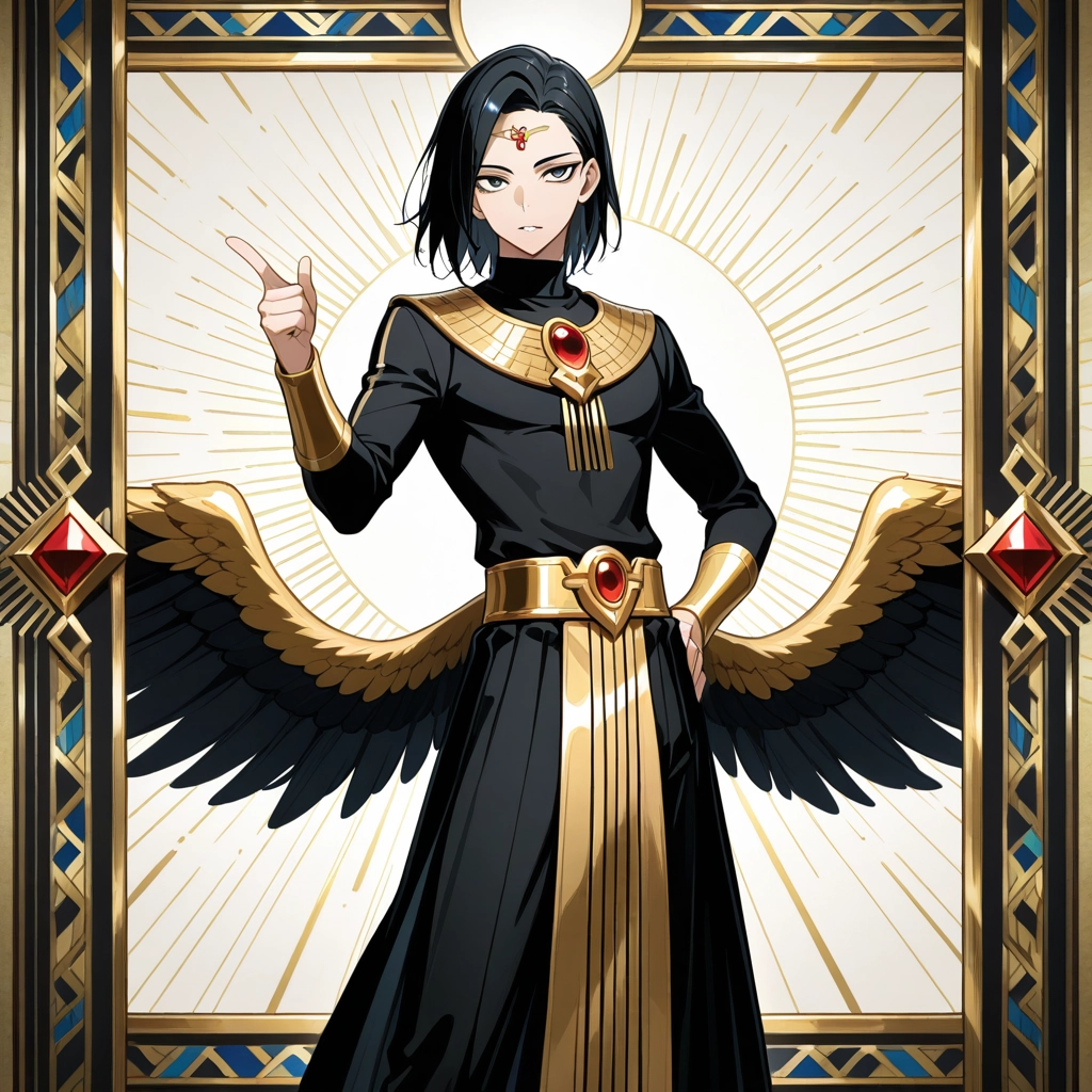 wings, black hair, solo, 1boy, male focus, hand on hip