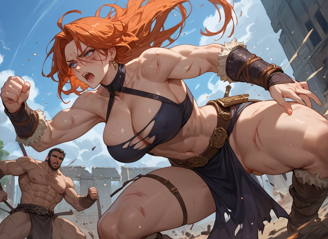 1girl, 1boy, breasts, blue eyes, muscular, jewelry · Yamete.gg