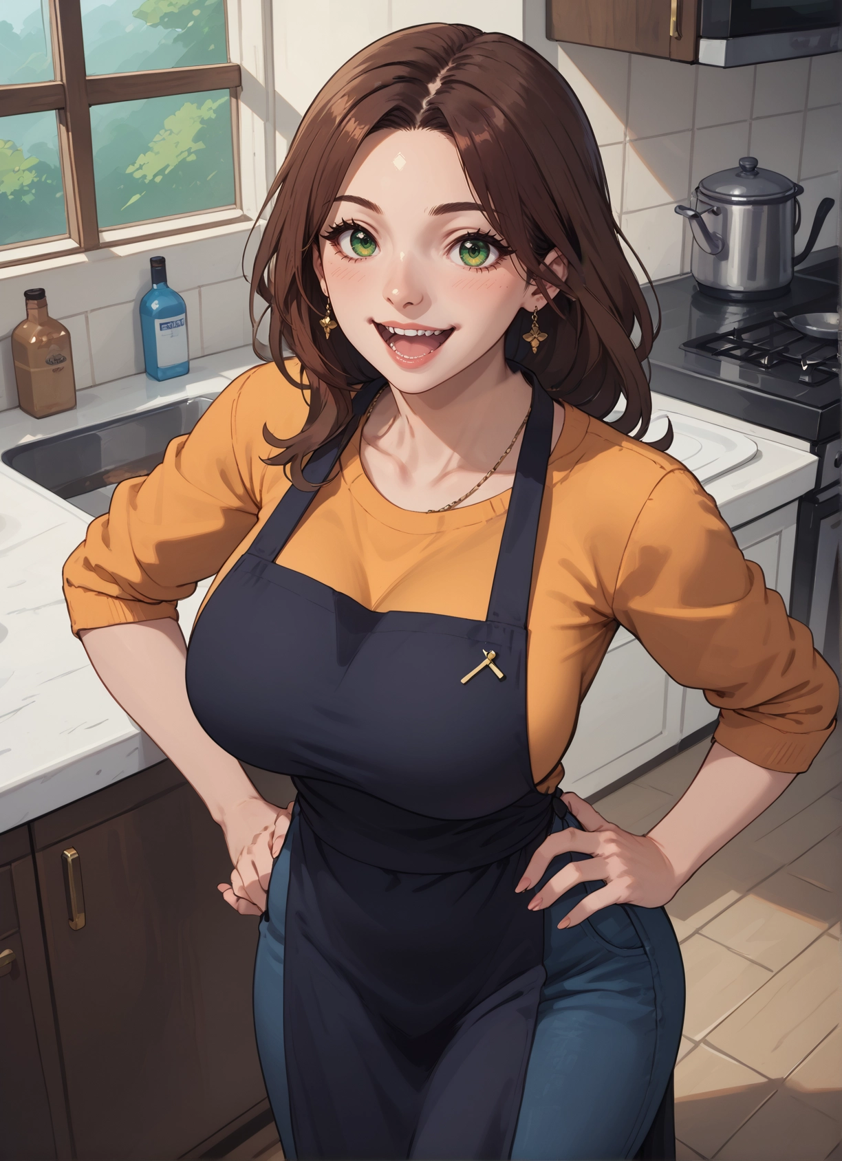 1girl, green eyes, jewelry, earrings, breasts, brown hair · Yamete.gg