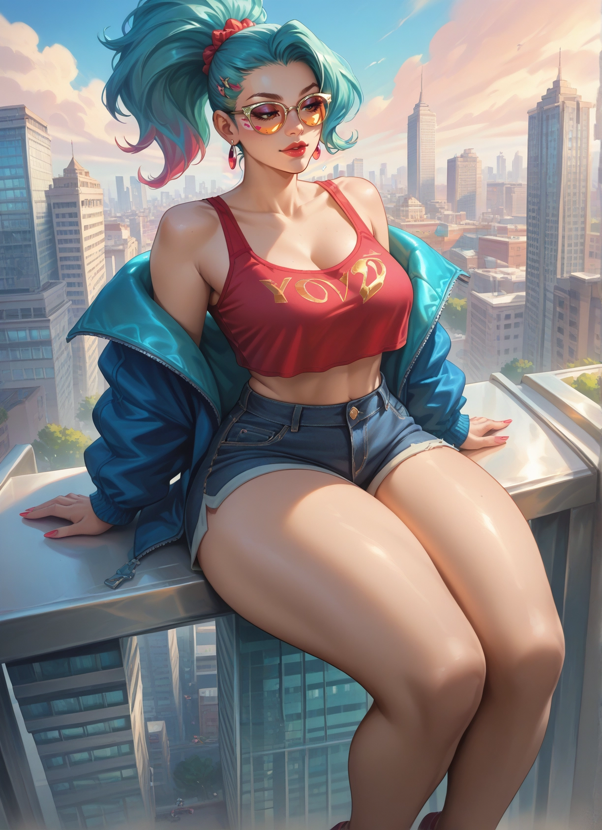 1girl, breasts, shorts, jacket, jewelry, earrings · Yamete.gg