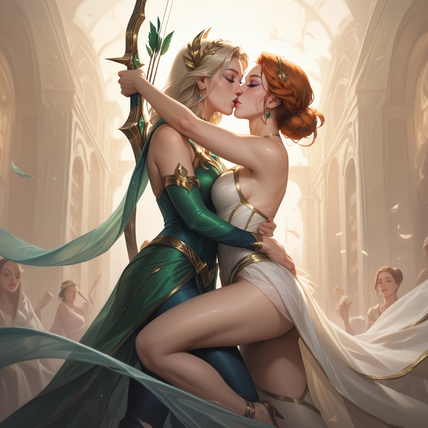 multiple girls, weapon, breasts, kiss, yuri, blonde hair · Yamete.gg