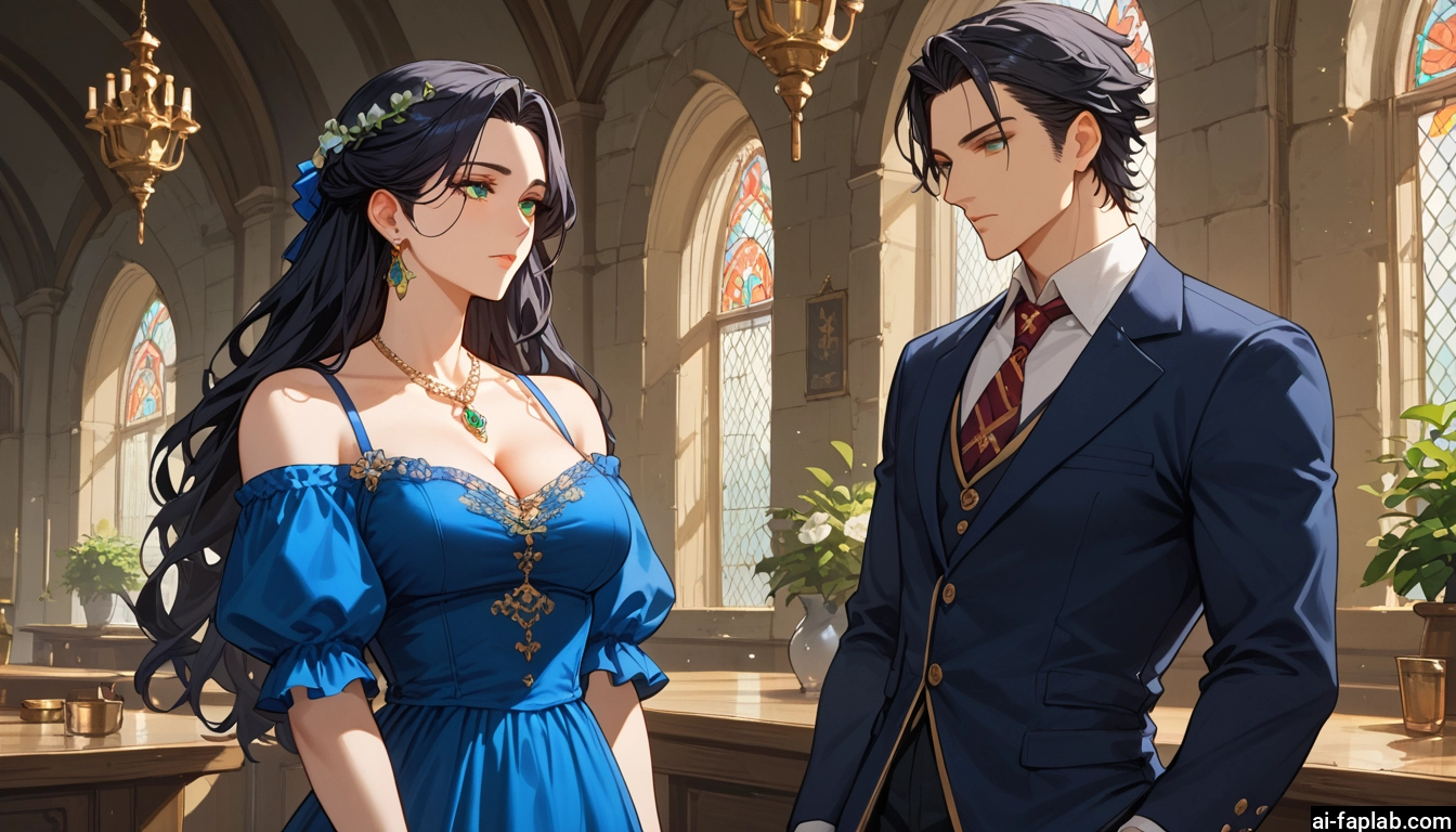 1girl, 1boy, breasts, dress, jewelry, long hair