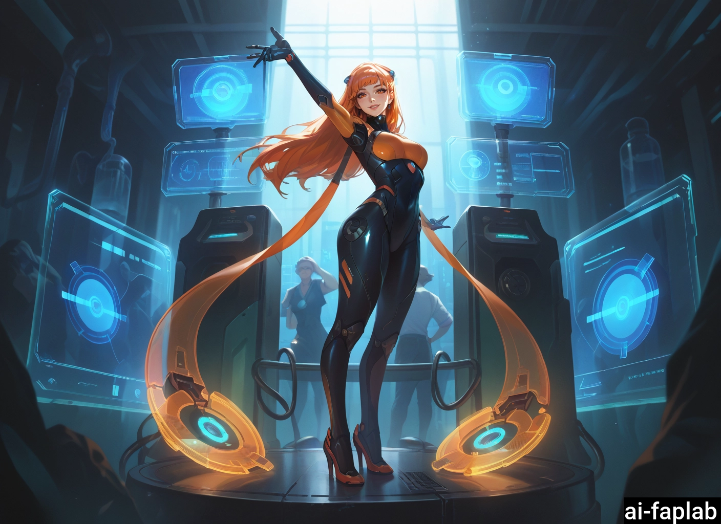 bodysuit, 1girl, long hair, orange hair, orange eyes, breasts