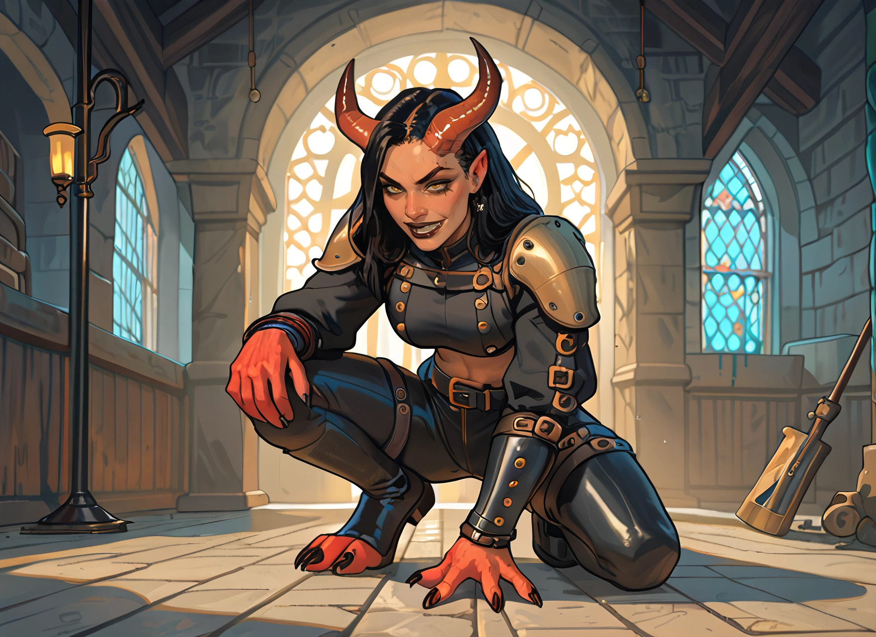 1girl, horns, solo, jewelry, black hair, colored skin · Yamete.gg