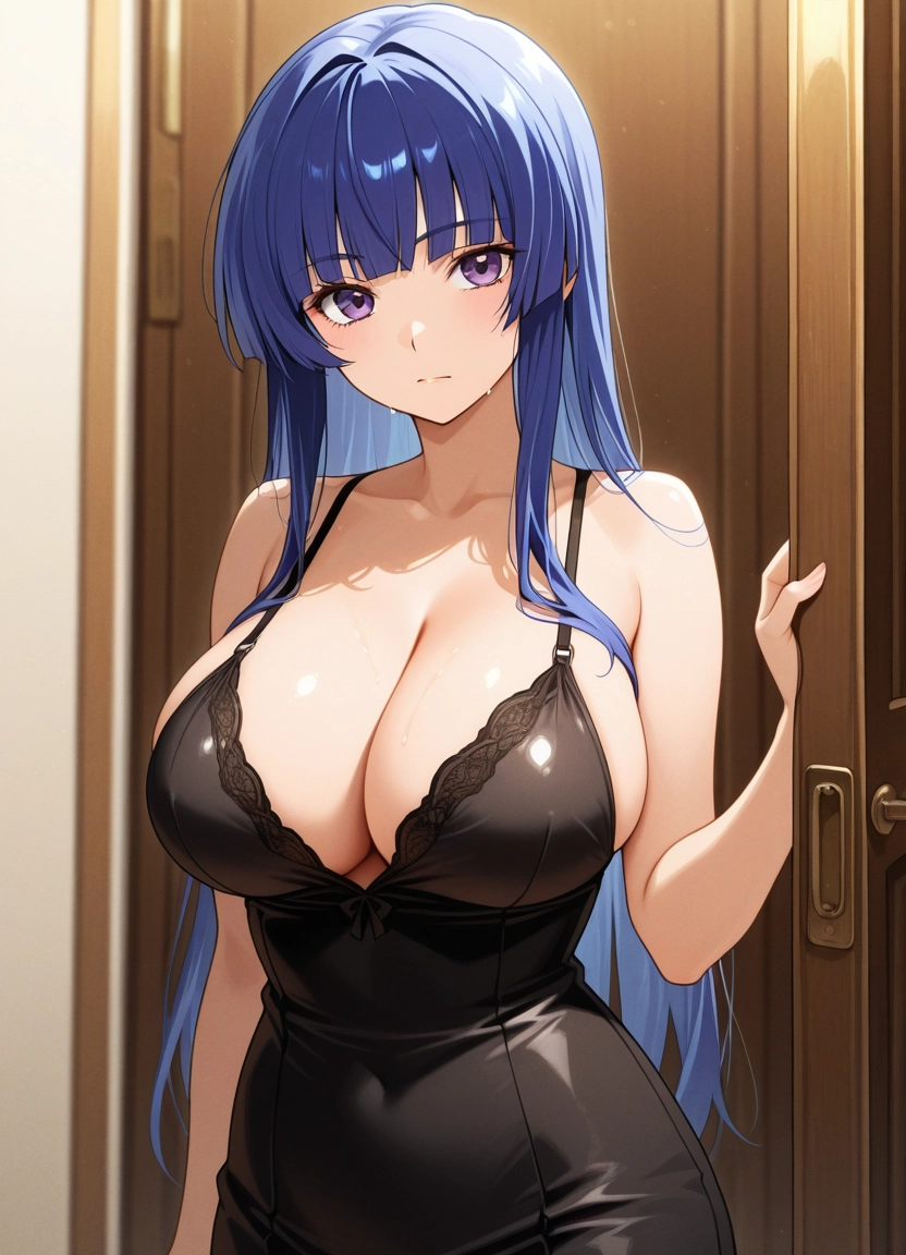 breasts, 1girl, long hair, purple eyes, cleavage, solo · Yamete.gg