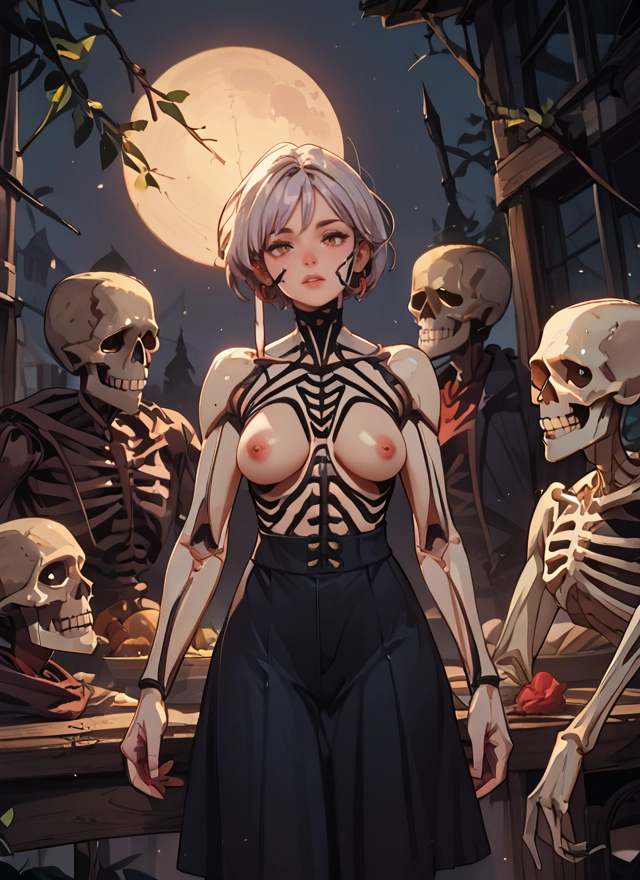nipples, breasts, 1girl, moon, skeleton, short hair · Yamete.gg