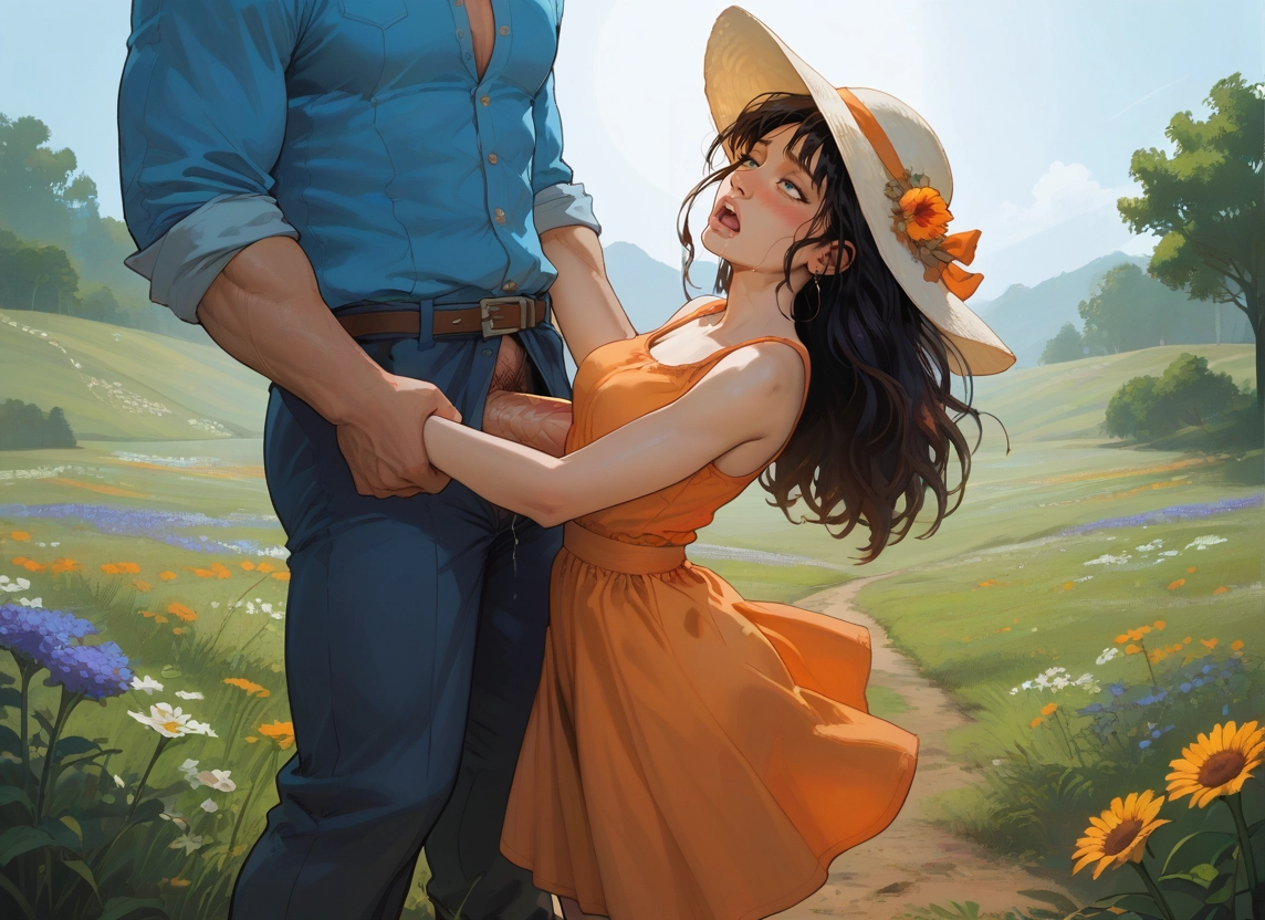 1girl, 1boy, hat, flower, outdoors, dress · Yamete.gg