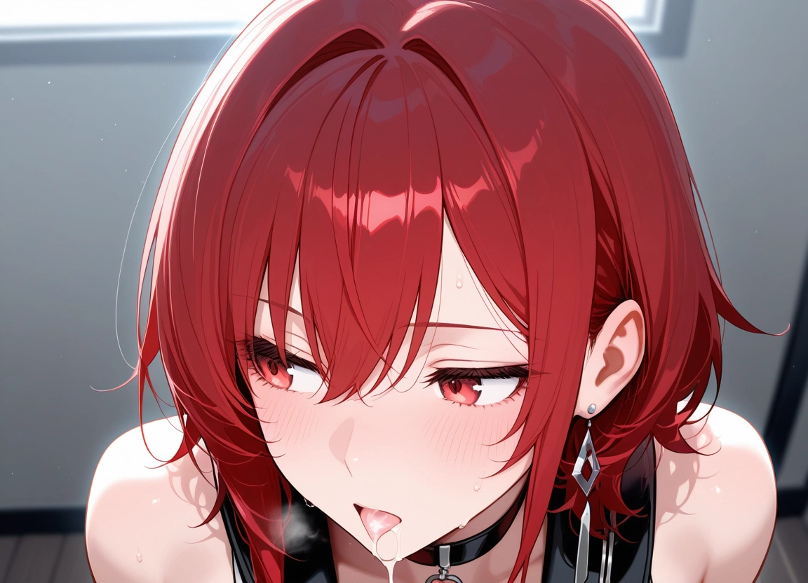 1girl, red hair, red eyes, earrings, jewelry, tongue · Yamete.gg