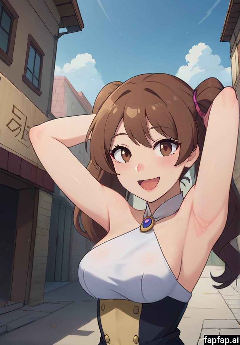1girl, armpits, brown hair, solo, brown eyes, twintails · Yamete.gg