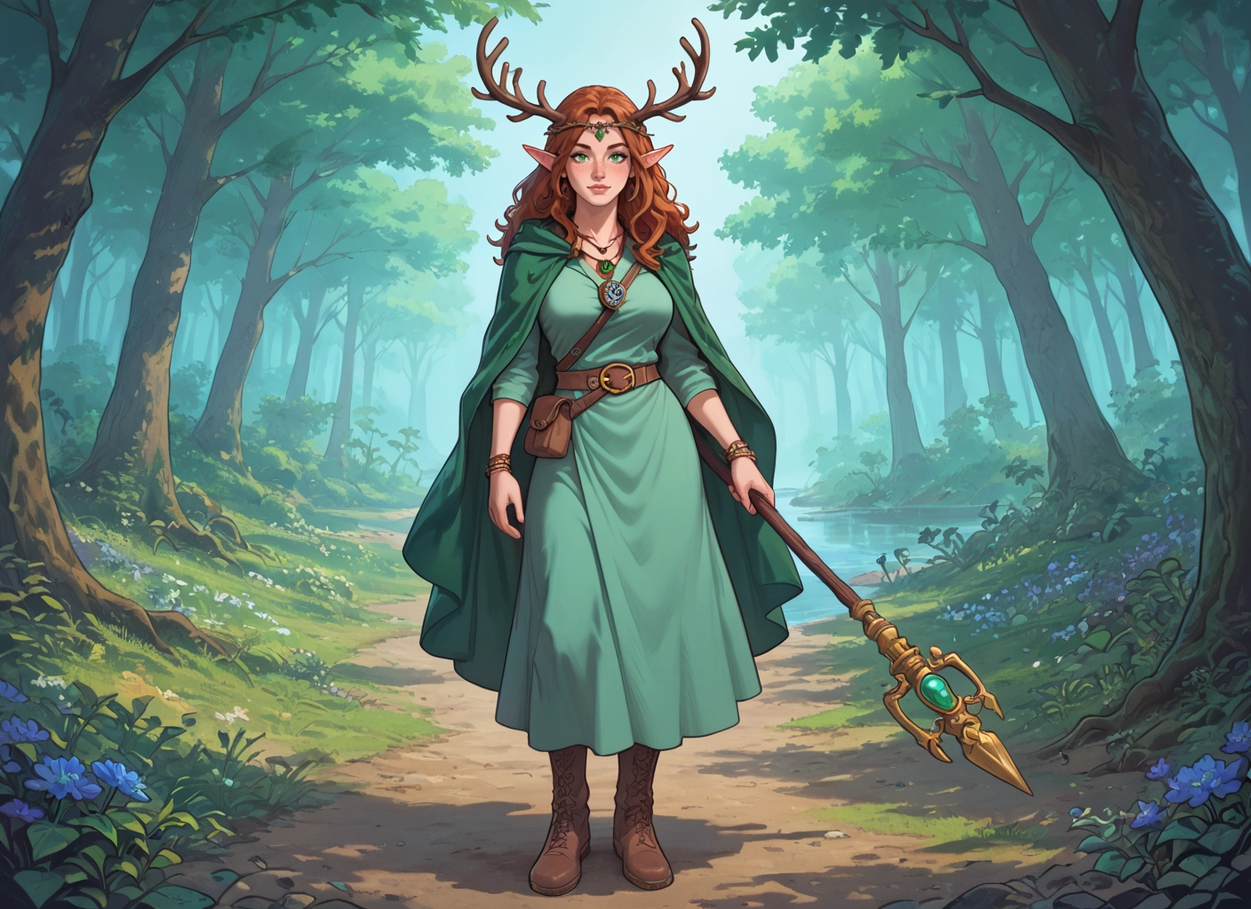 1girl, pointy ears, solo, jewelry, boots, staff · Yamete.gg
