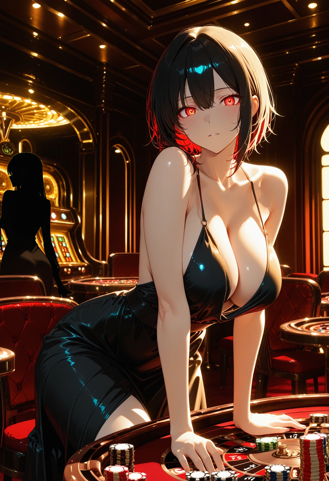breasts, dress, black dress, black hair, red eyes, red hair · Yamete.gg