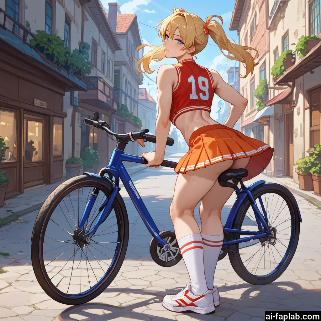 skirt, blue eyes, ground vehicle, bicycle, 1girl, blonde hair