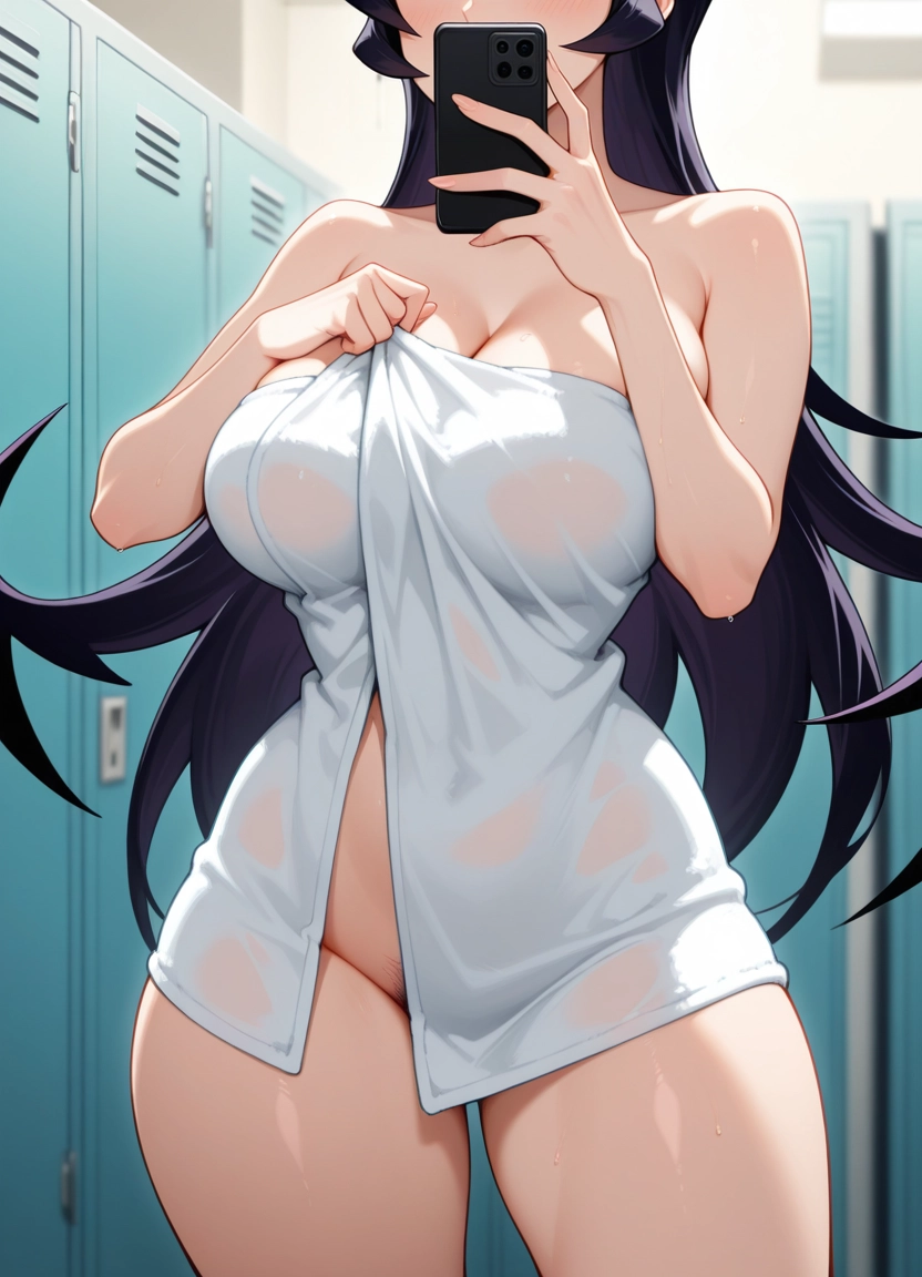 1girl, breasts, phone, long hair, solo, naked towel · Yamete.gg