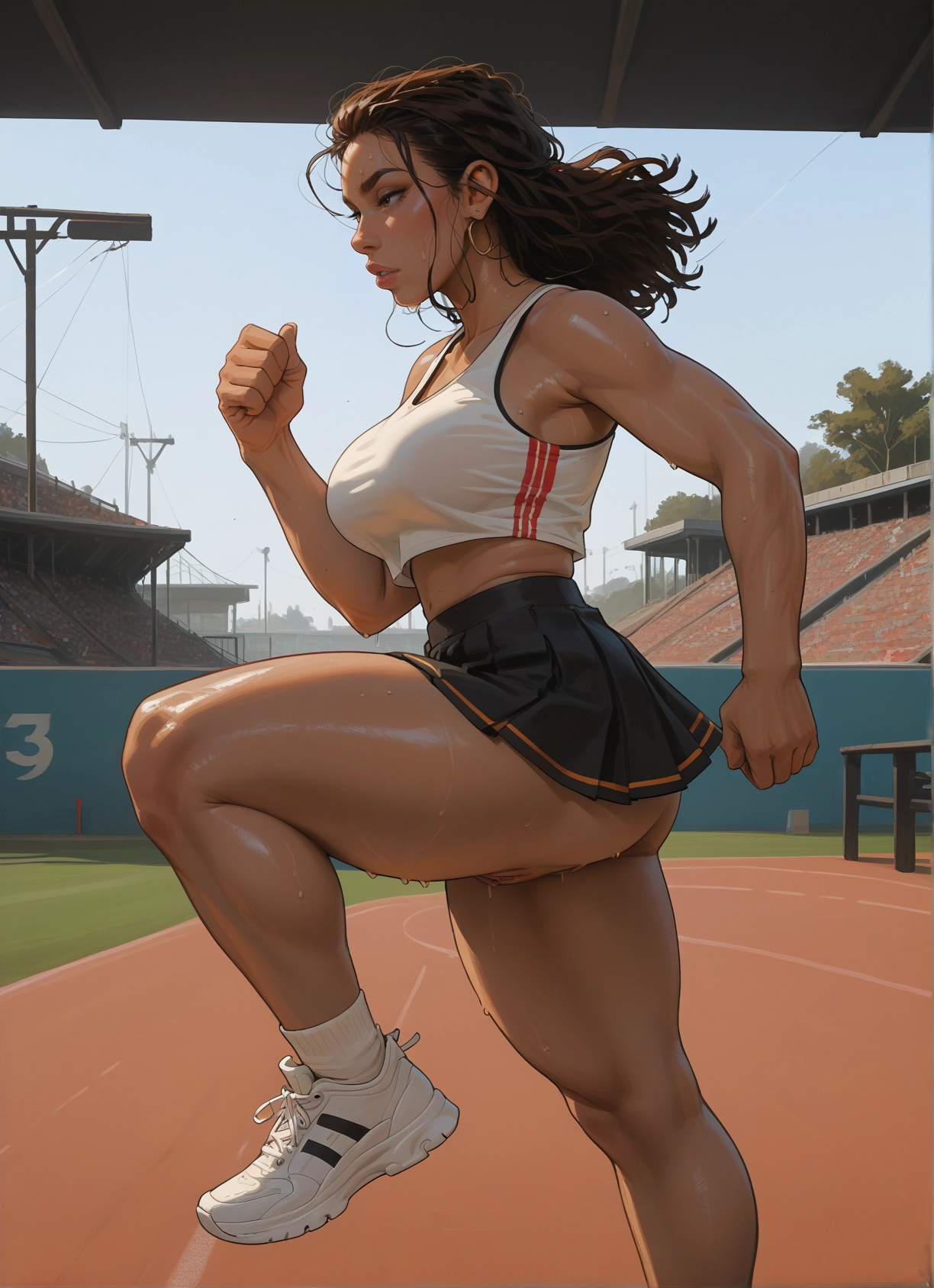 1girl, skirt, breasts, jewelry, sweat, pussy · Yamete.gg