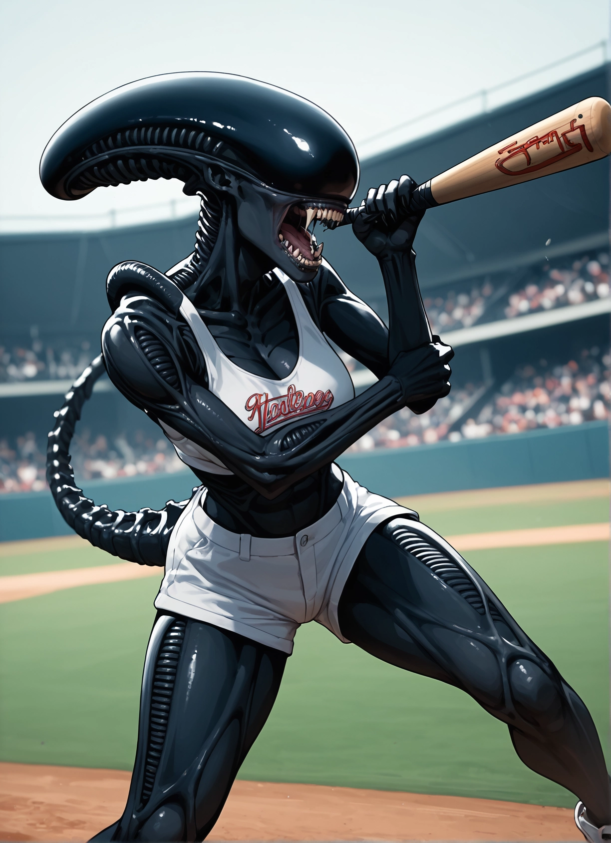 baseball bat, 1girl, shorts, teeth, tail, open mouth · Yamete.gg