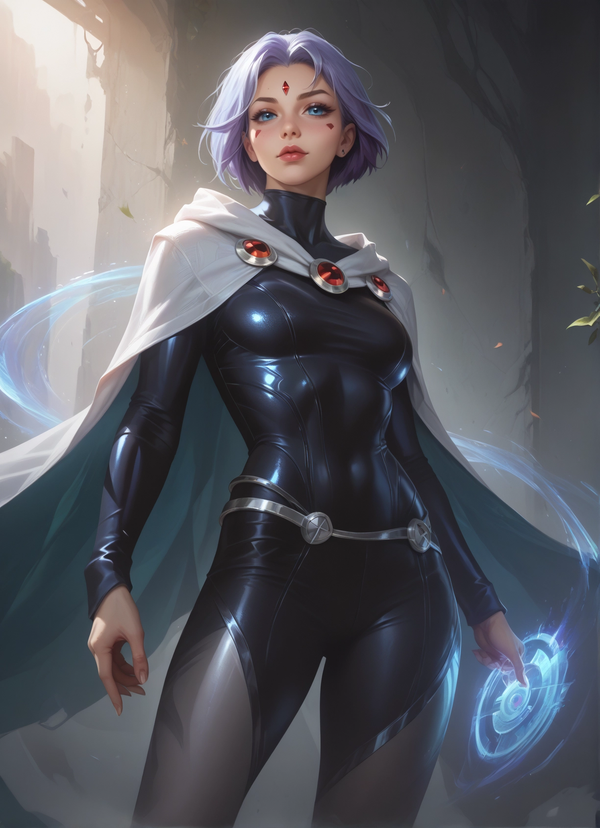 1girl, solo, blue eyes, bodysuit, short hair, cape · Yamete.gg