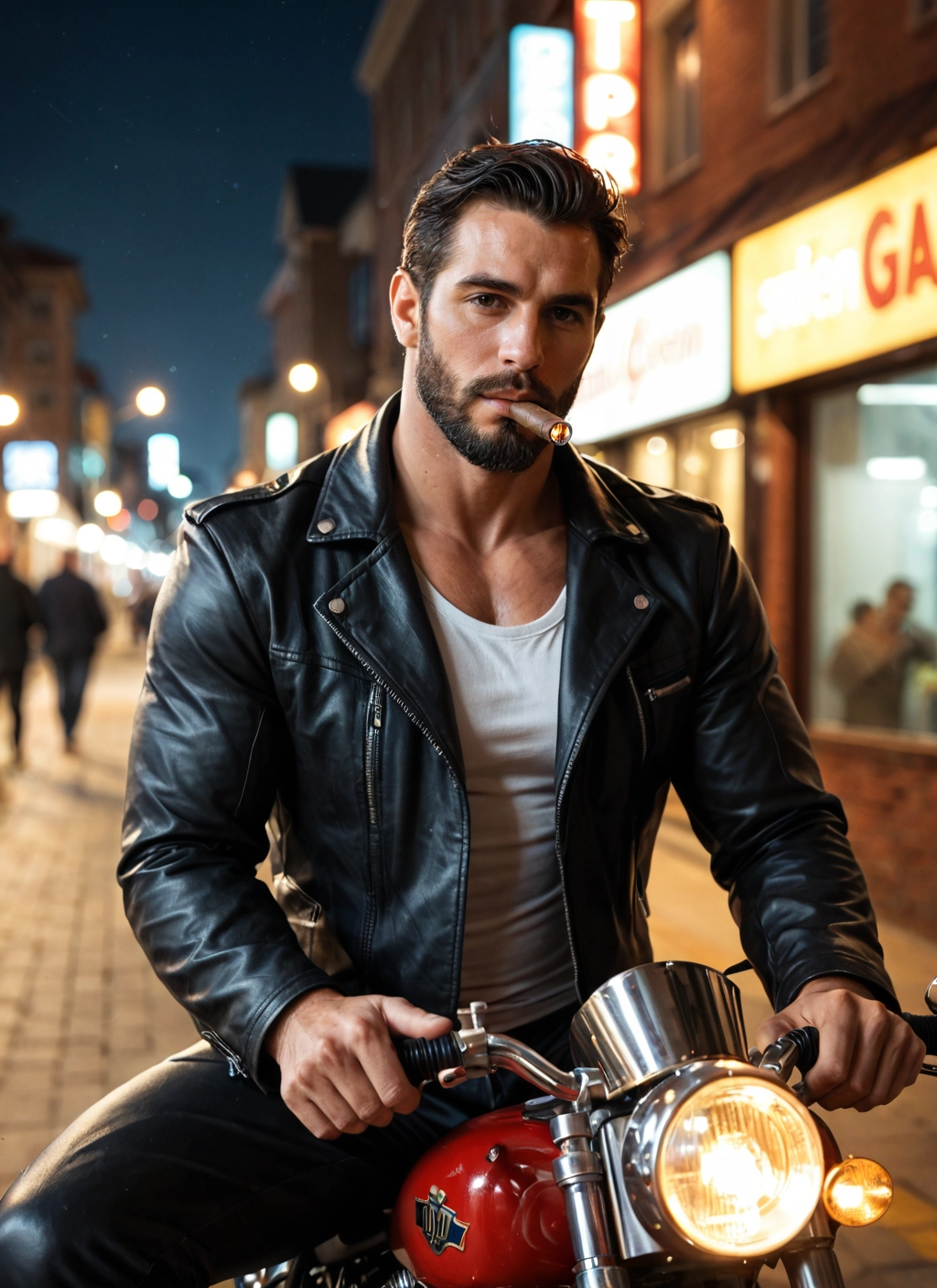 bara, ground vehicle, motor vehicle, facial hair, male focus, motorcycle · Yamete.gg