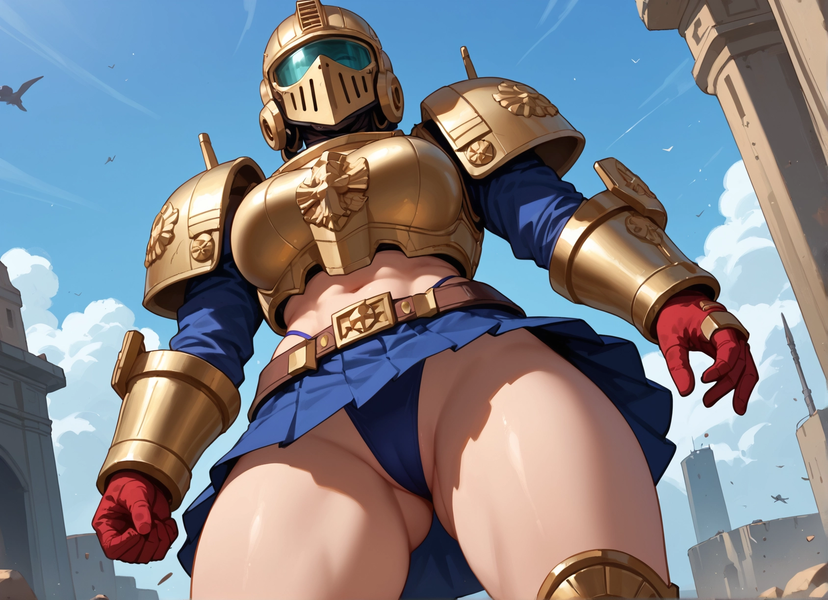 1girl, skirt, armor, helmet, gloves, solo · Yamete.gg