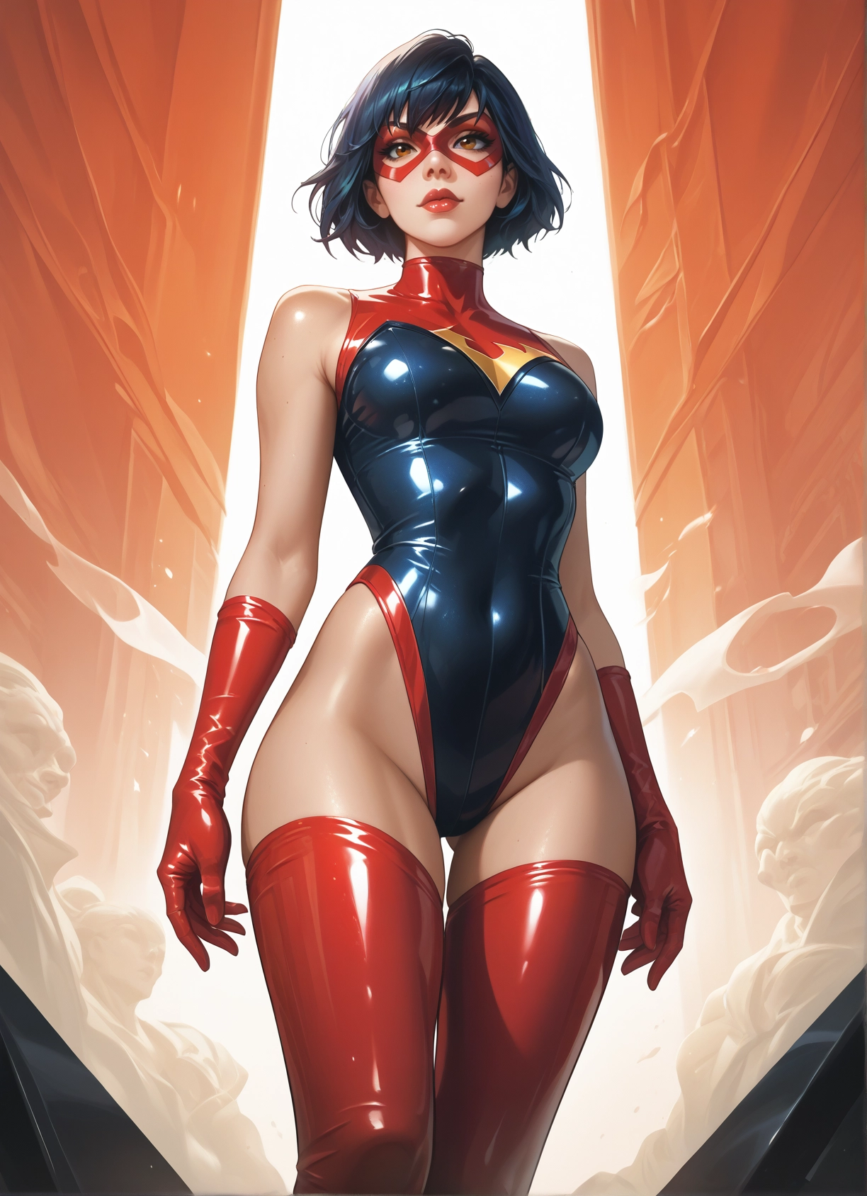 1girl, gloves, thighhighs, mask, short hair, solo · Yamete.gg