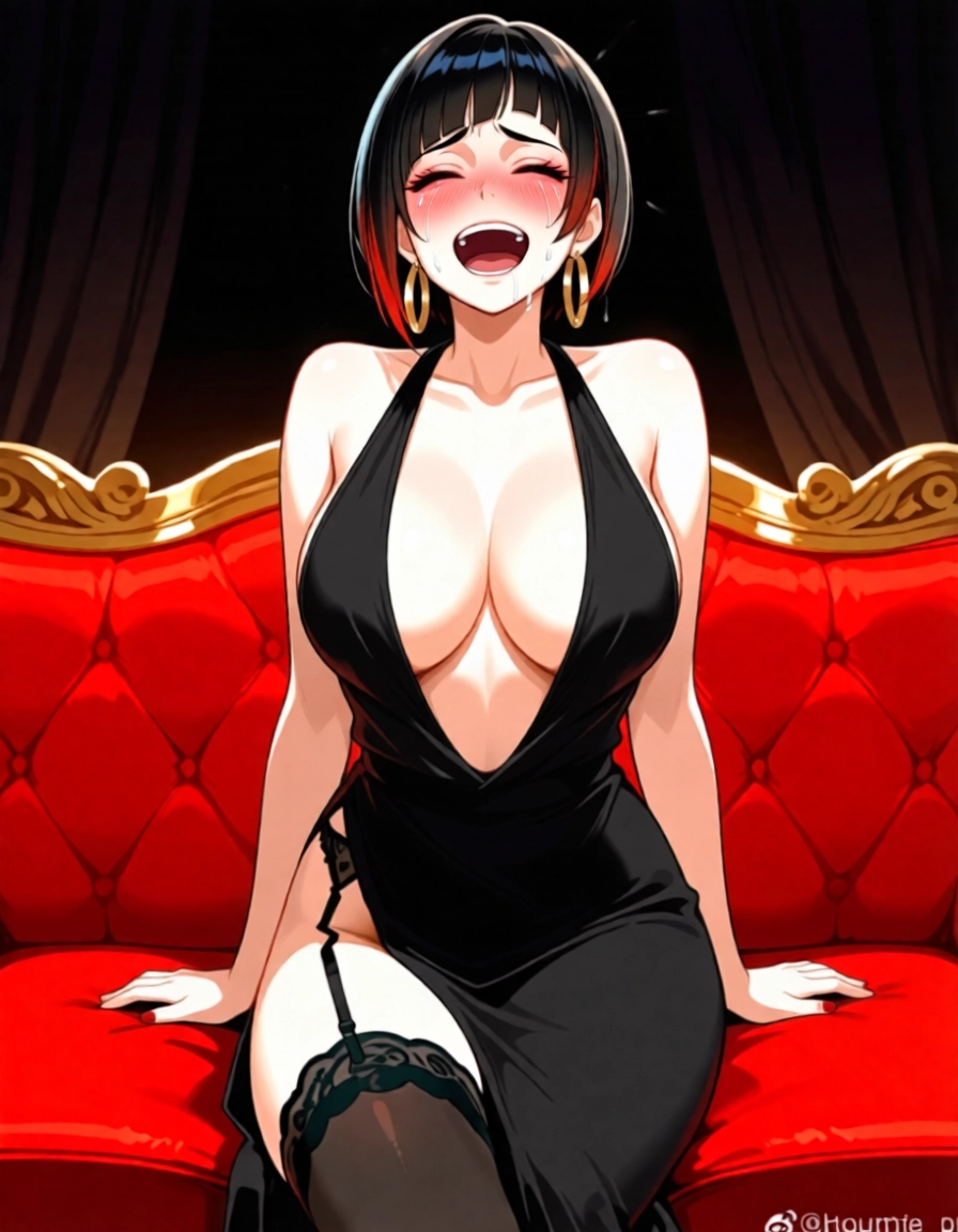 1girl, breasts, black hair, dress, thighhighs, earrings · Yamete.gg